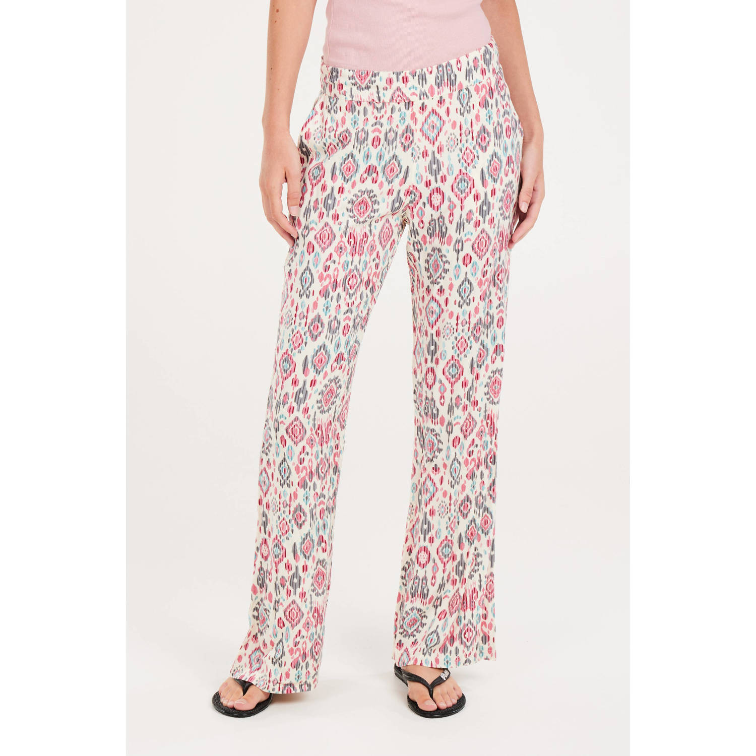 Protest wide leg broek met all over print en textuur ecru roze blauw