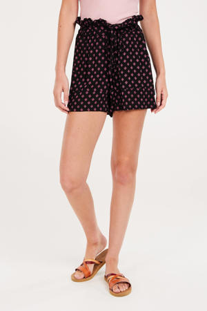 high waist loose fit short met all over print zwart/roze