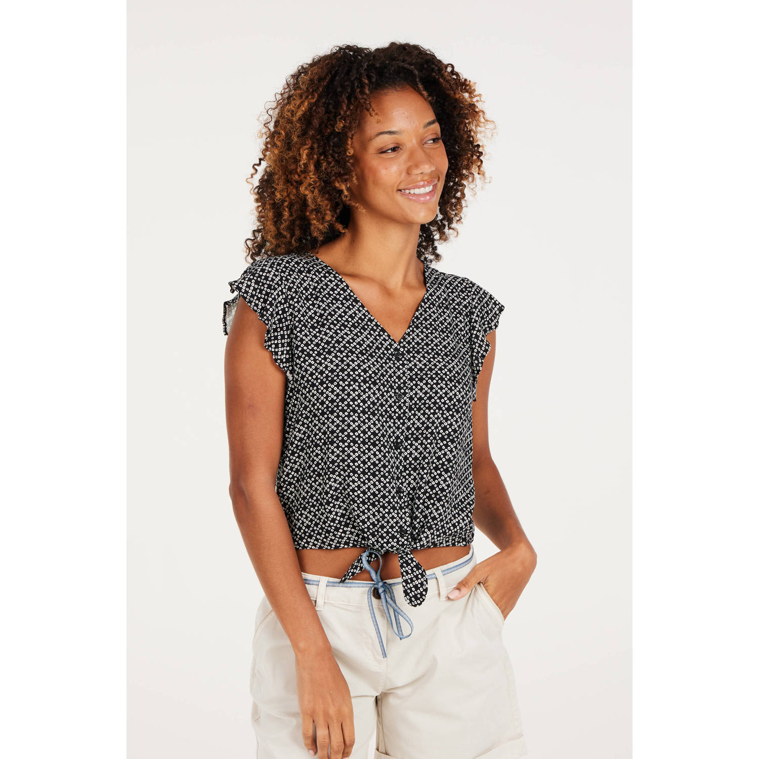 Protest top met all over print en ruches zwart wit
