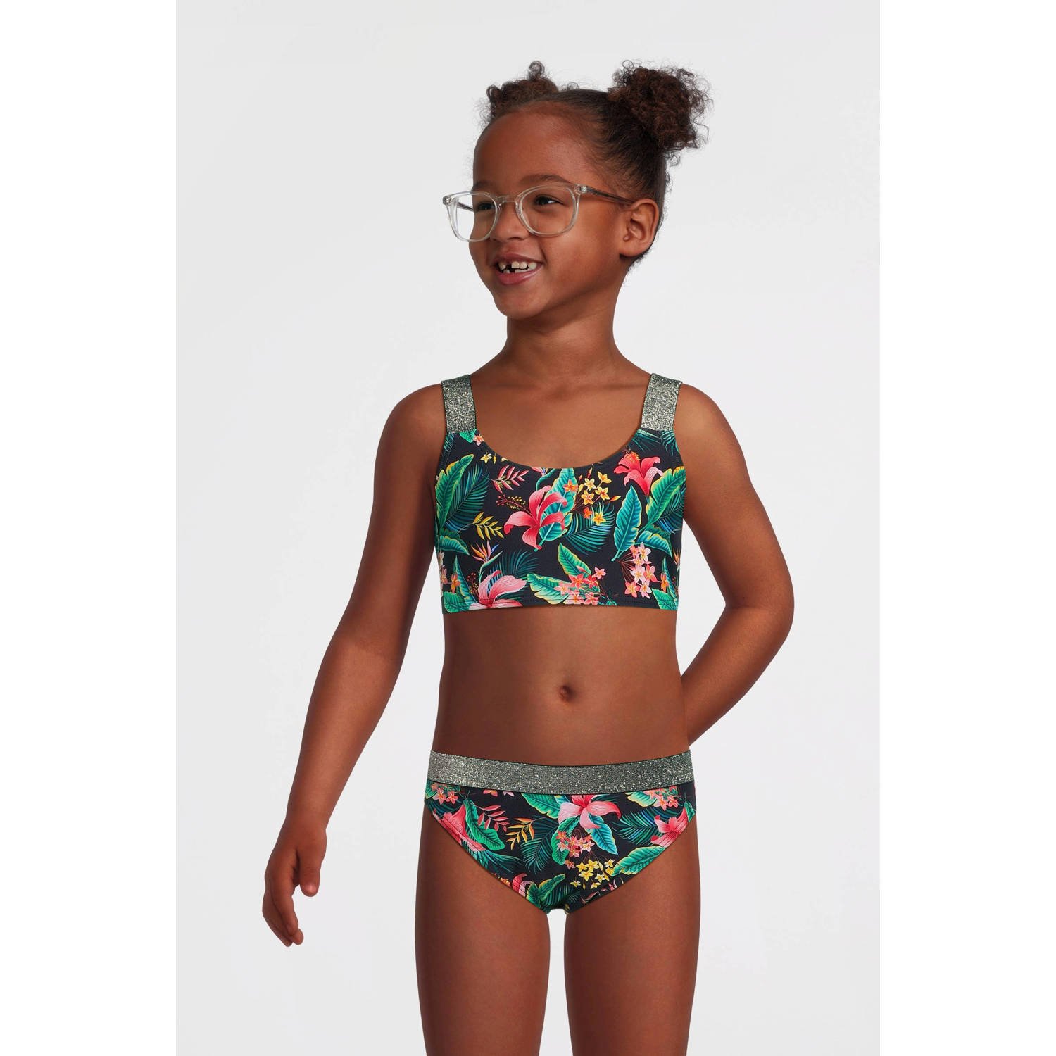Name it KIDS crop bikini NKFZERIA donkerblauw groen roze Meisjes Polyamide 110 116