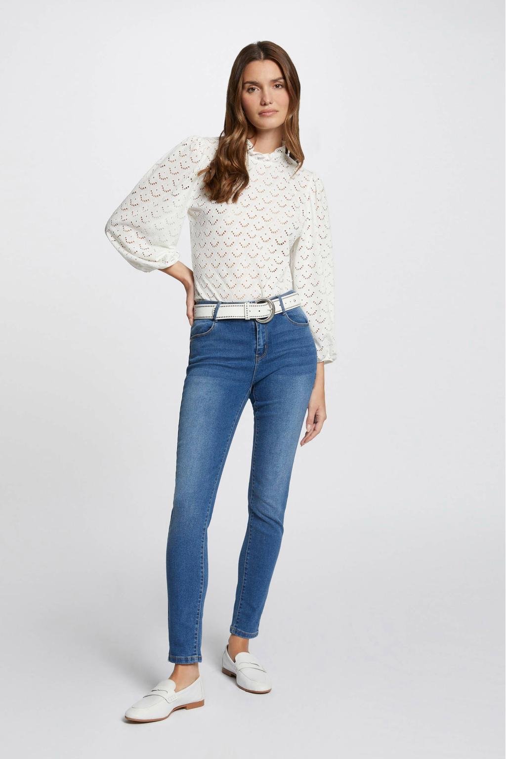 Medium blue denim dames Morgan skinny jeans van denim met regular waist, rits- en knoopsluiting en effen