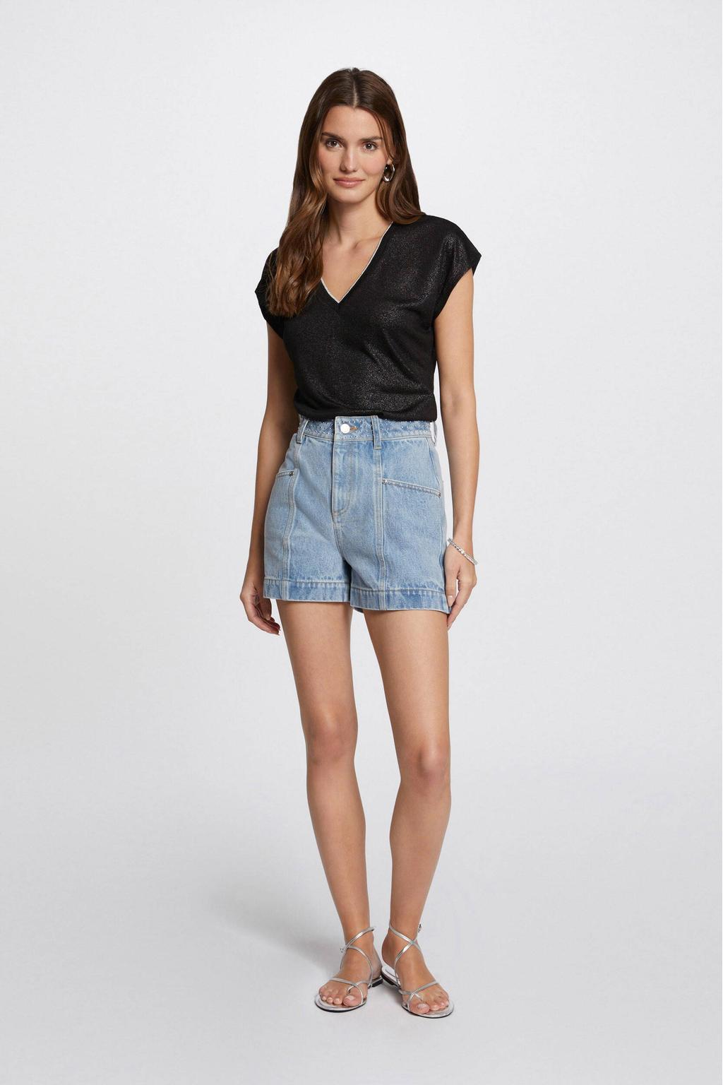 Zwarte dames Morgan top van viscose met effen, korte mouwen, V-hals en contrast bies