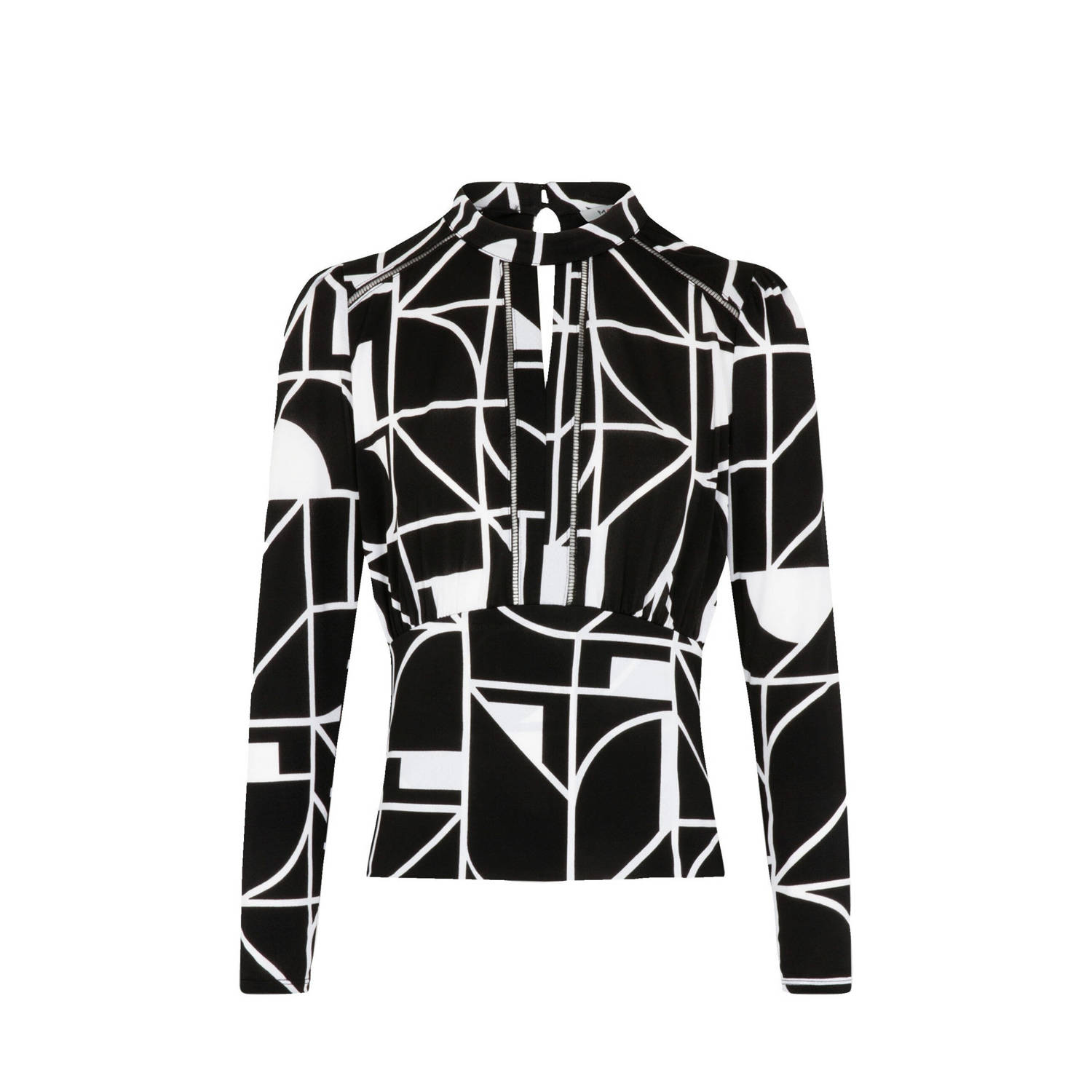 Morgan top met all over print en open detail zwart wit