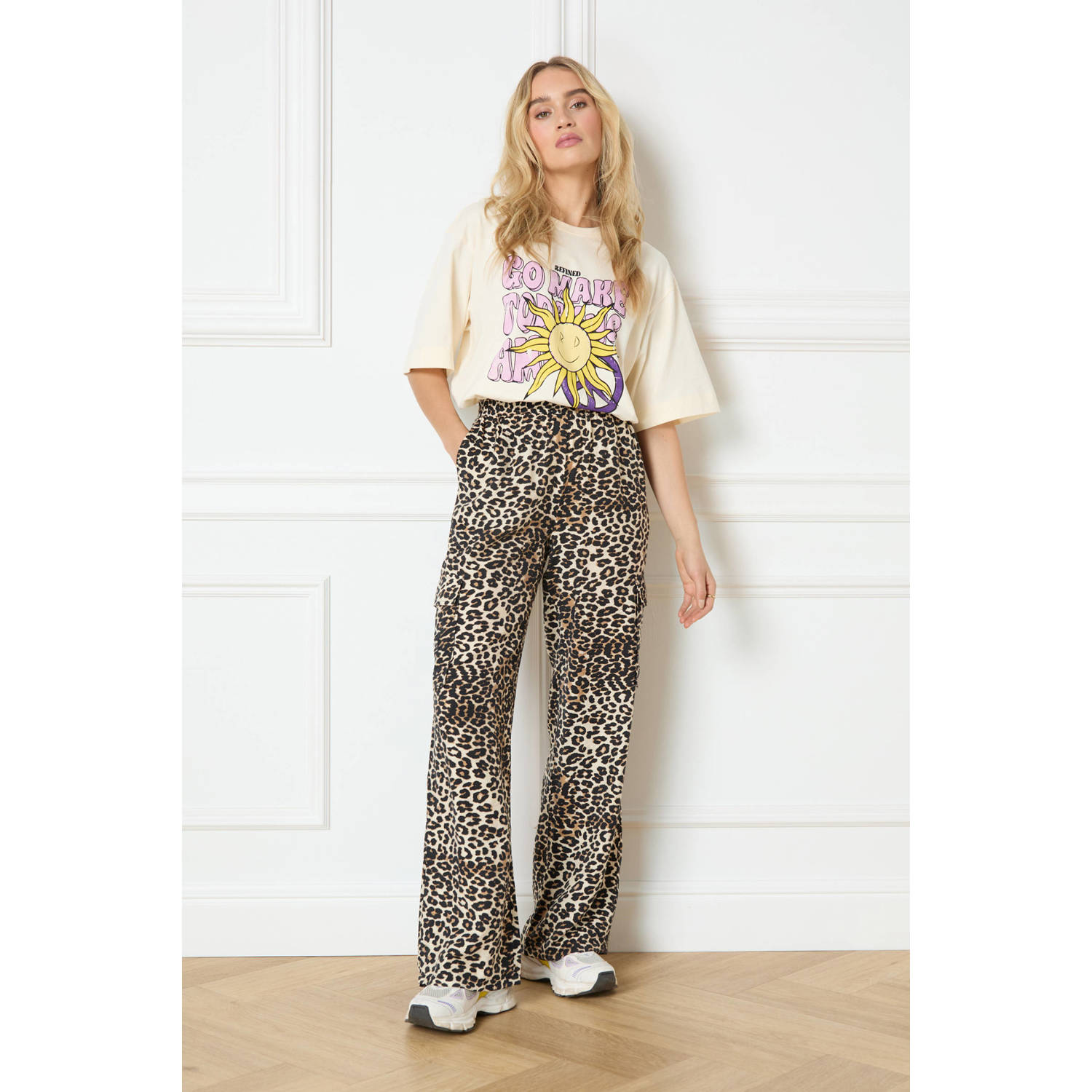 Refined Department high waist straight fit cargobroek met panterprint bruin zwart