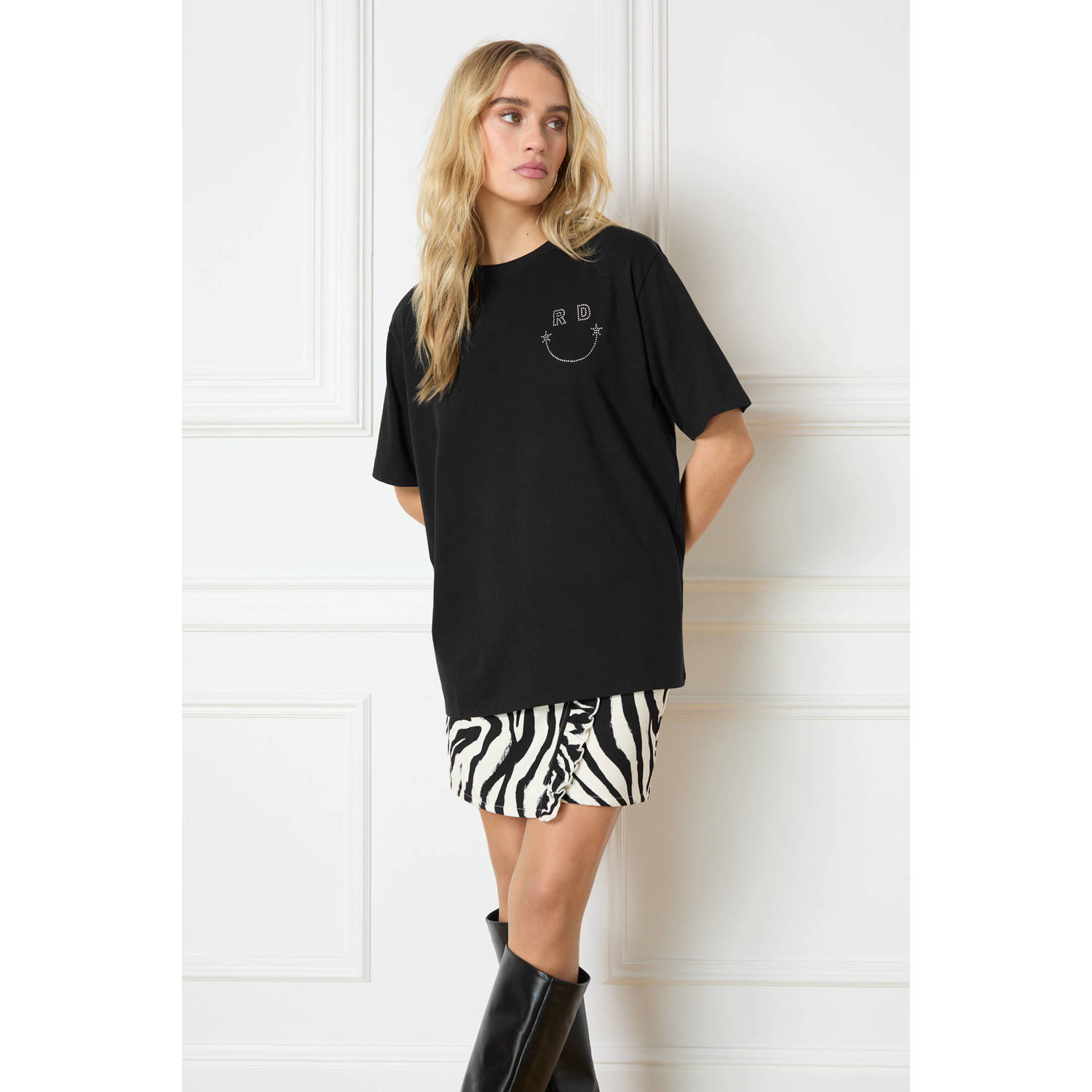 Refined Department rok Zebra met zebraprint en ruches zwart wit