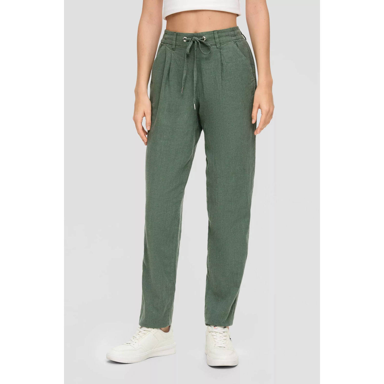 Q S by s.Oliver high waist tapered fit pantalon kaki