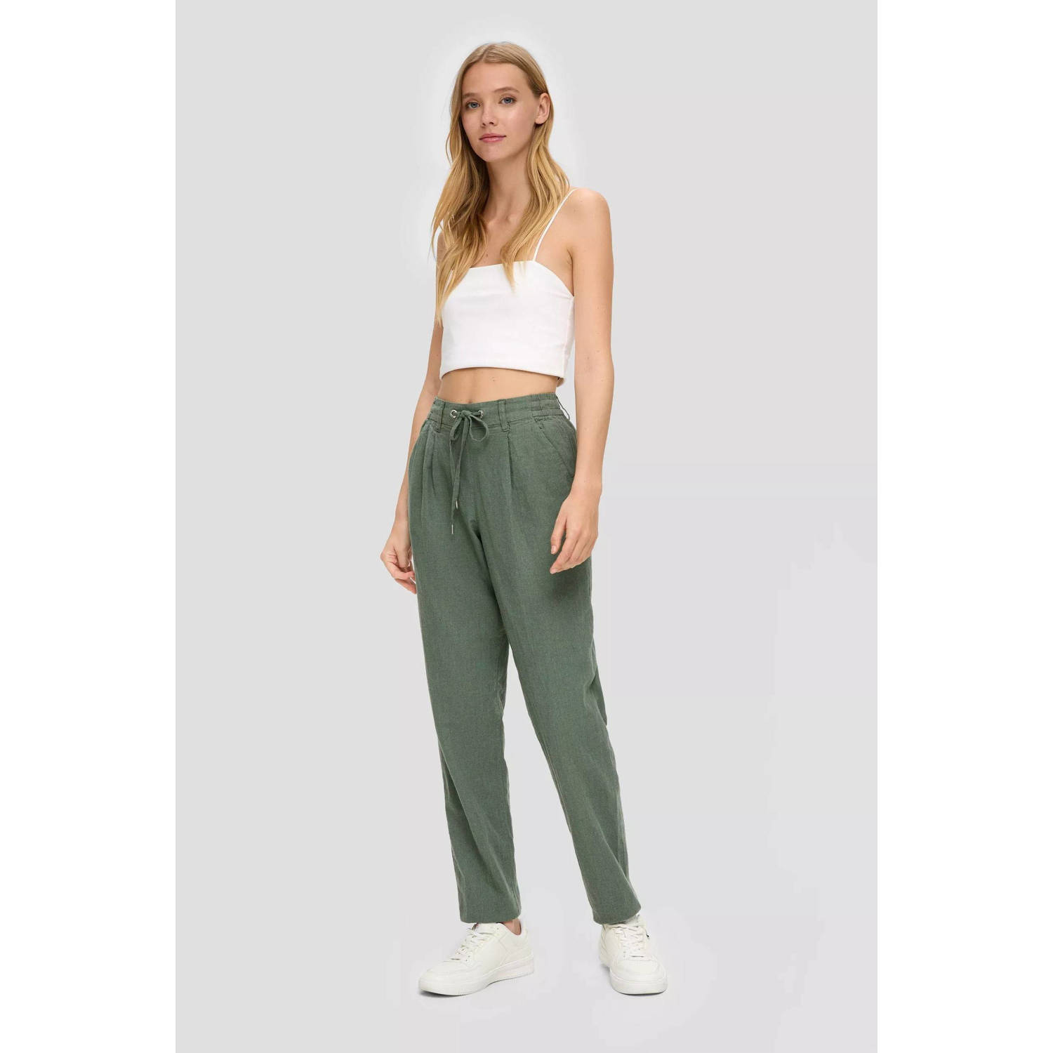Q S by s.Oliver high waist tapered fit pantalon kaki