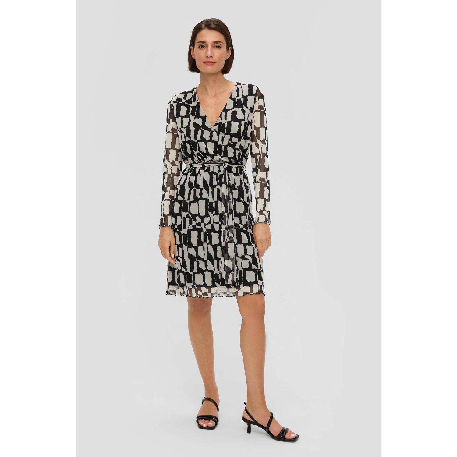 S.Oliver BLACK LABEL wikkeljurk met all over print en mesh zwart ecru