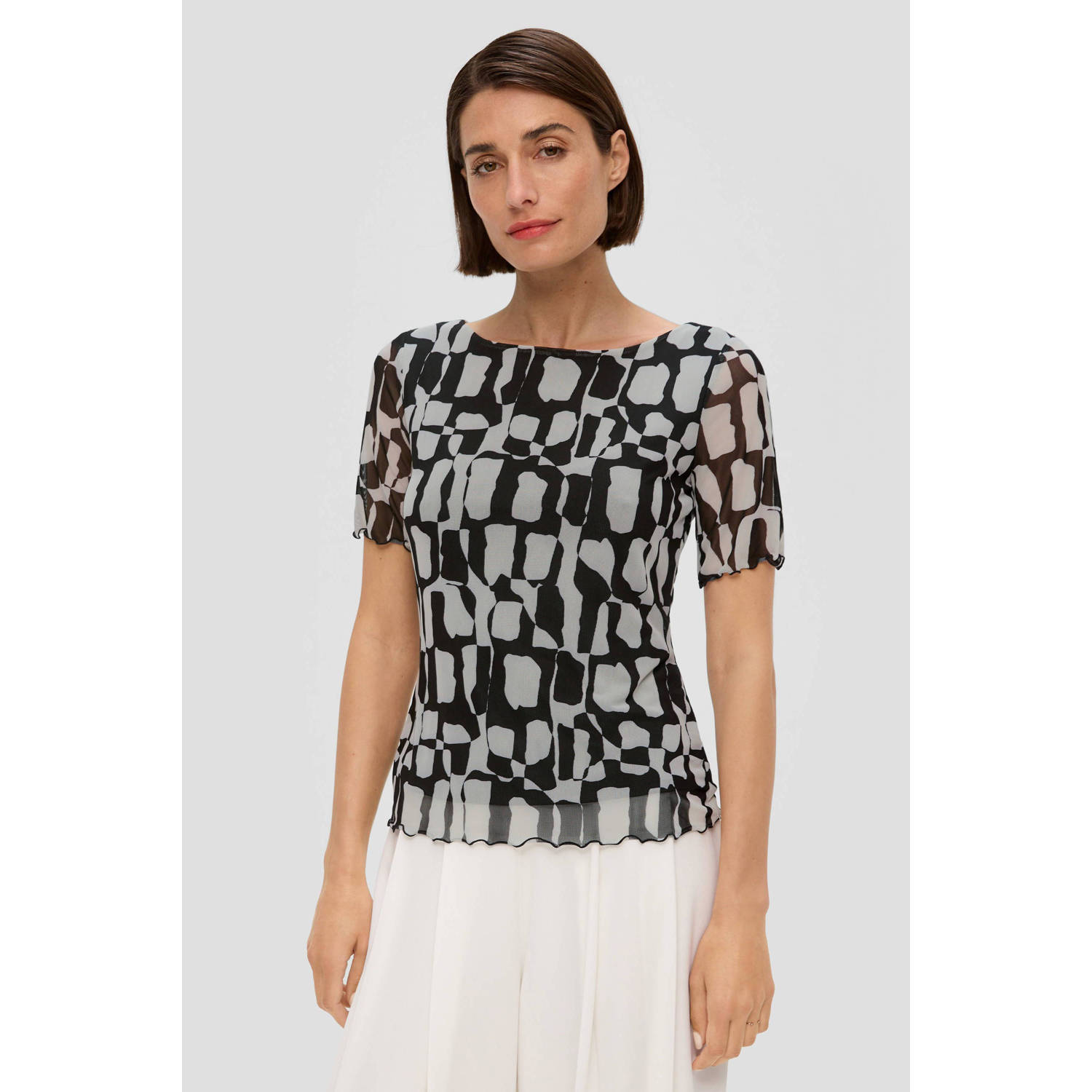 s.Oliver BLACK LABEL top met all over print en mesh zwart ecru