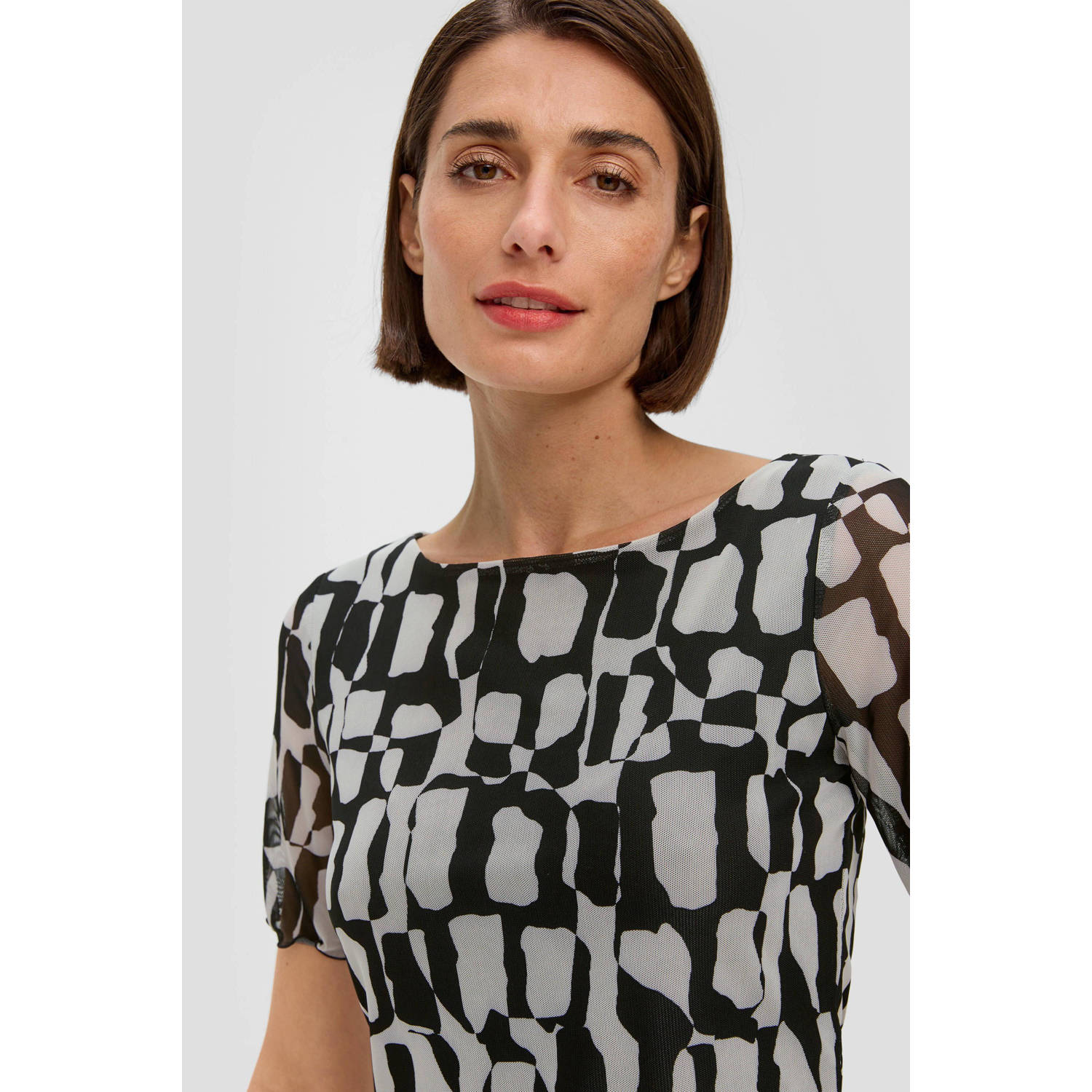 s.Oliver BLACK LABEL top met all over print en mesh zwart ecru