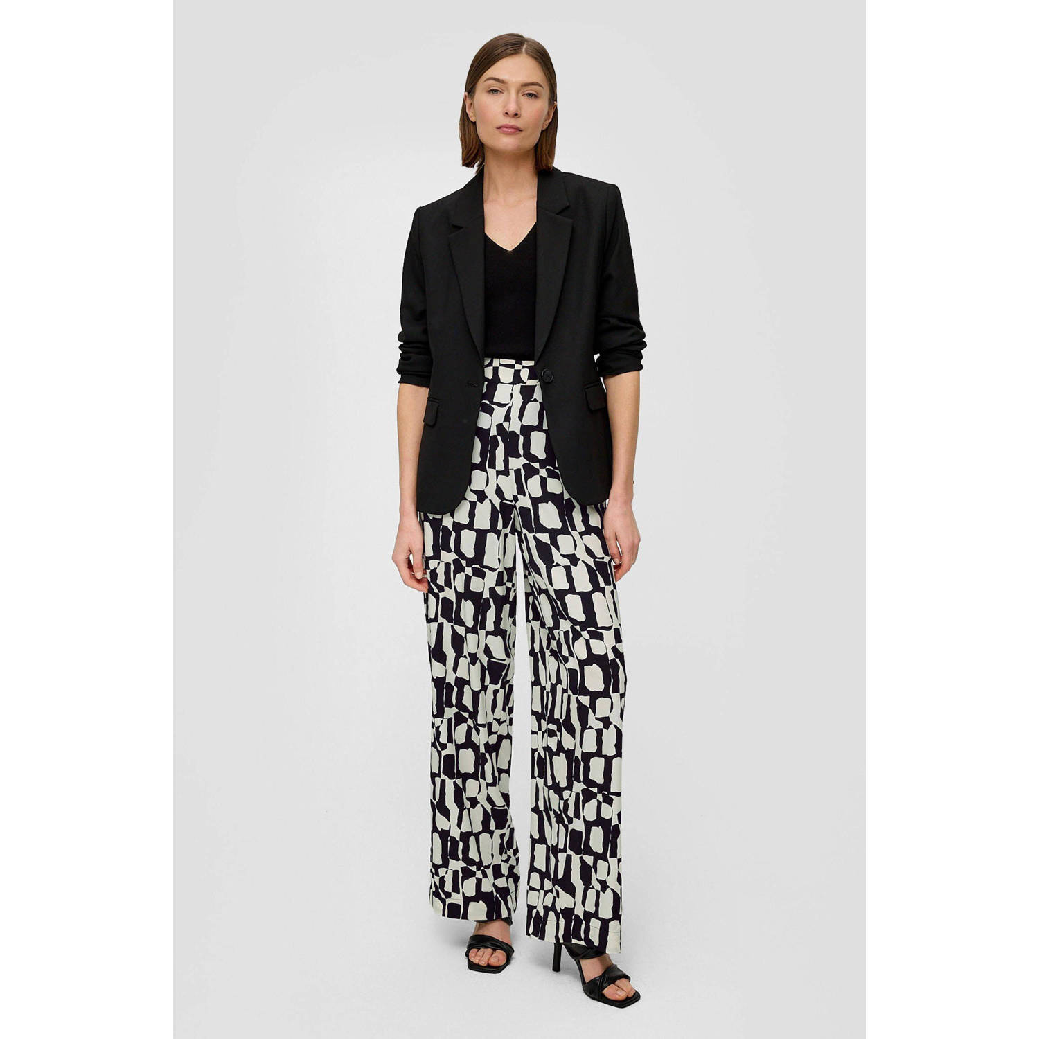 s.Oliver BLACK LABEL high waist straight fit broek met grafische print zwart gebroken wit