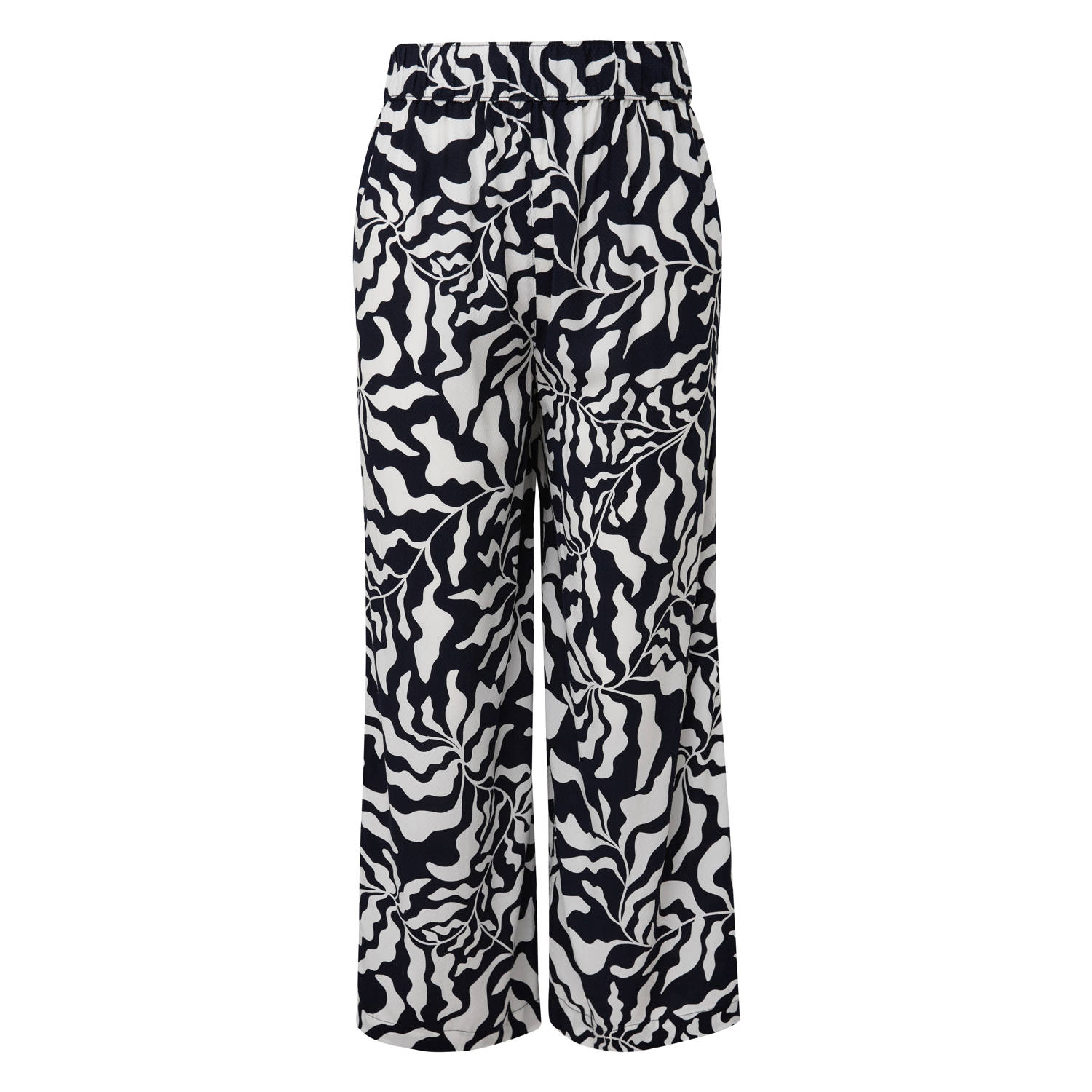 s.Oliver wide leg broek met bladprint donkerblauw ecru