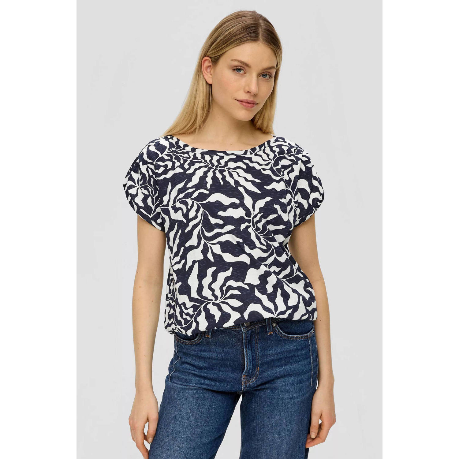 s.Oliver top met bladprint donkerblauw ecru