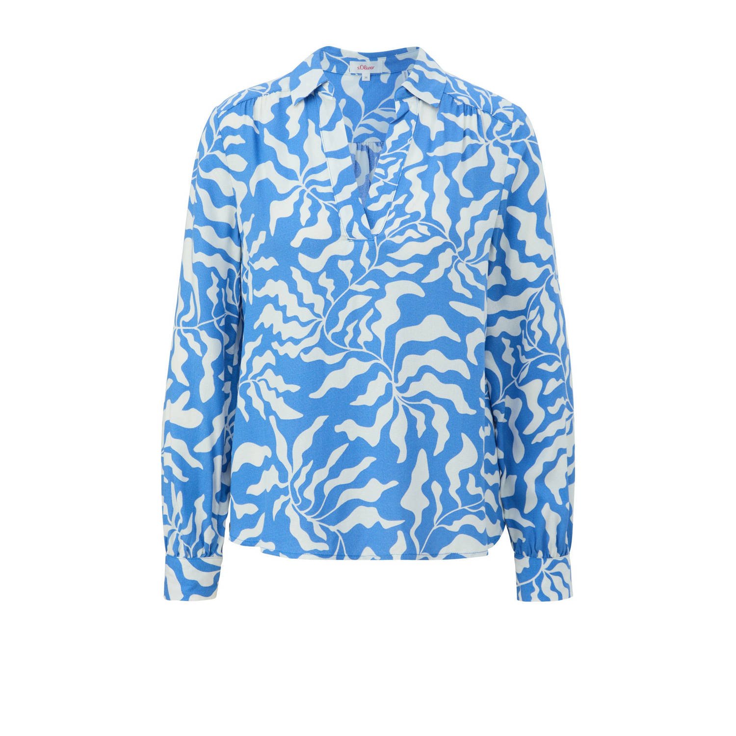 S.Oliver geweven blousetop met bladprint en plooien blauw wit