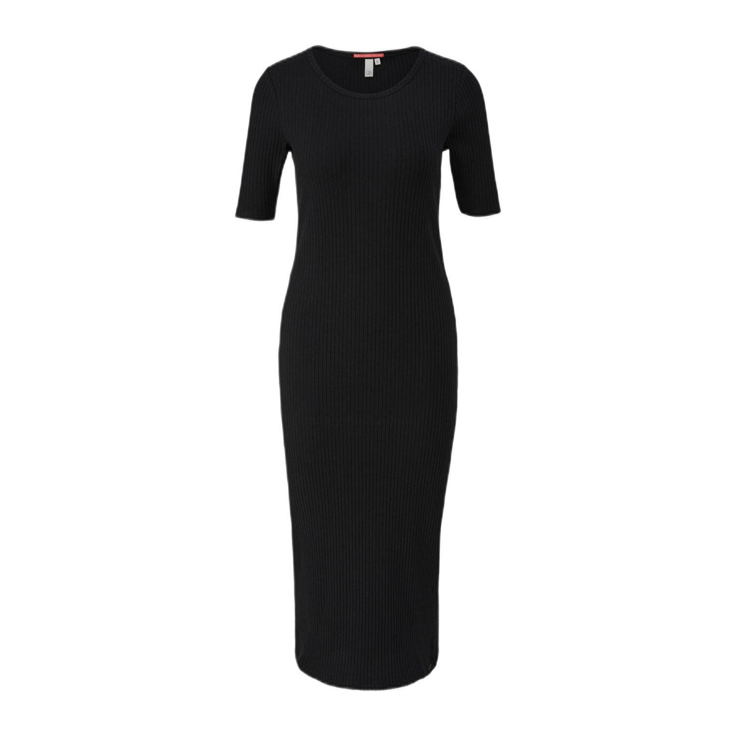 Q S by s.Oliver ribgebreide bodycon jurk zwart