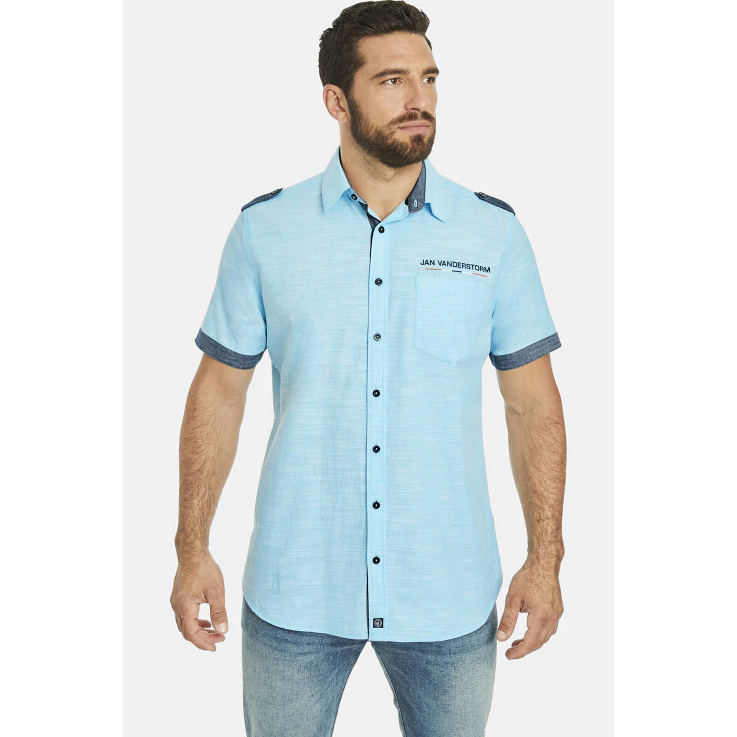 Jan Vanderstorm +FIT Collectie loose fit overhemd MELFRED Plus Size met printopdruk turqoise