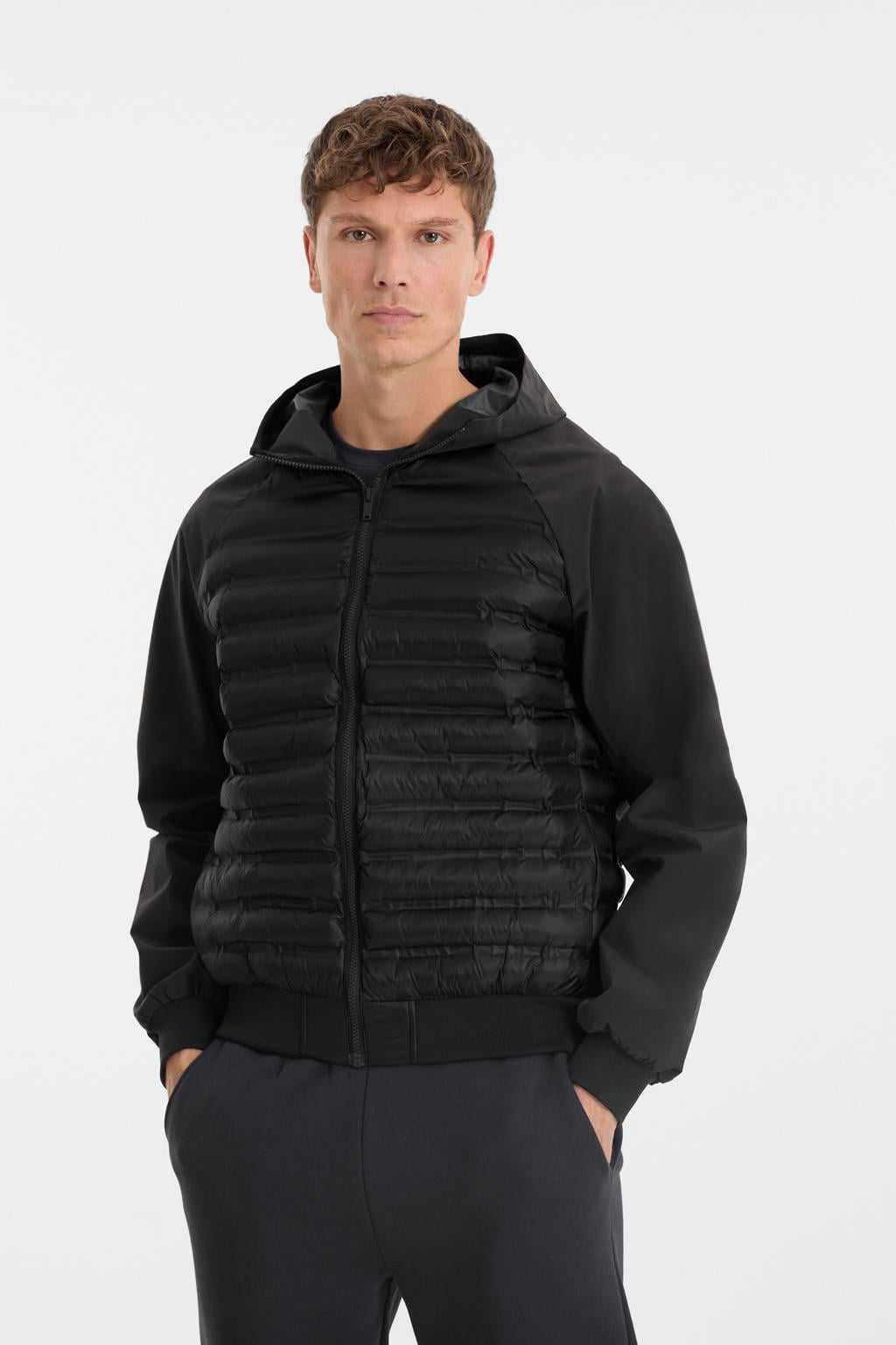 Grijze heren Anytime hybrid gewatteerde jas van polyester met effen, capuchon en ritssluiting