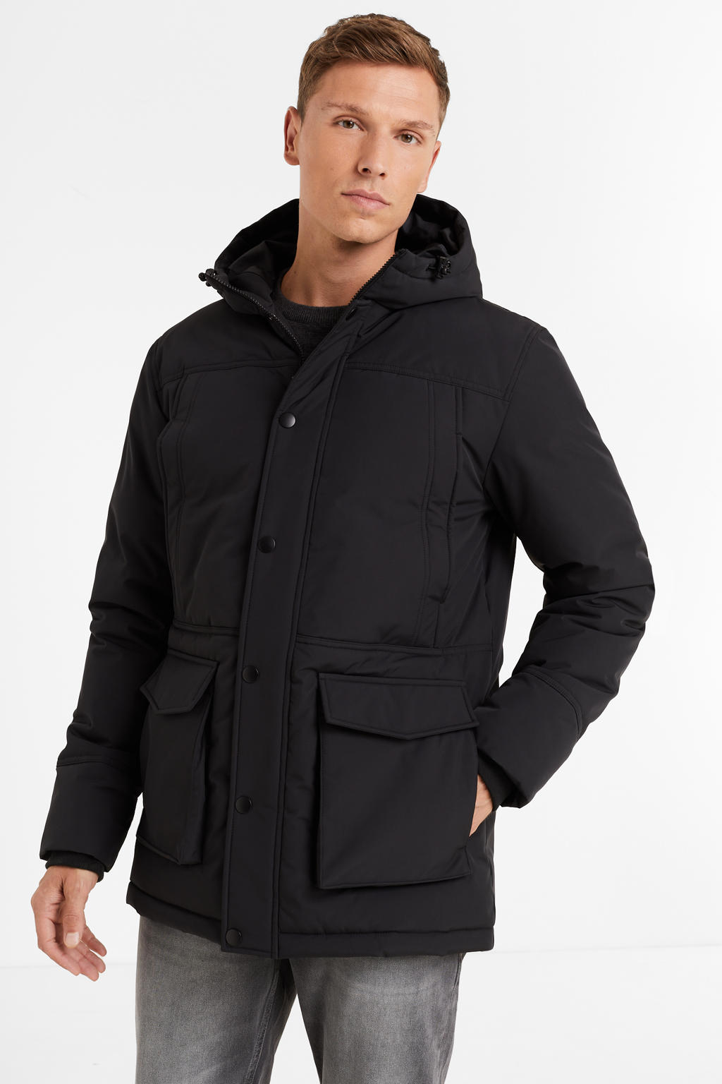 Zwarte heren Anytime parka van polyester met effen, capuchon en rits- en drukknoopsluiting