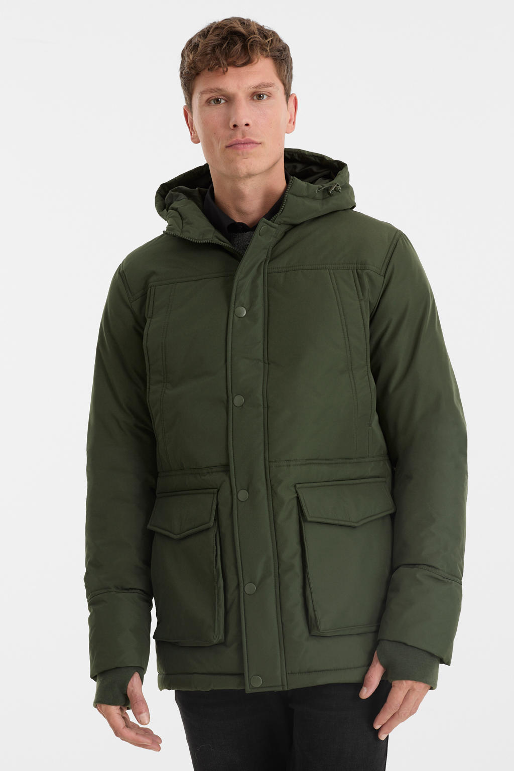 Kakikleurige heren anytime parka van polyester met effen, capuchon en rits- en drukknoopsluiting