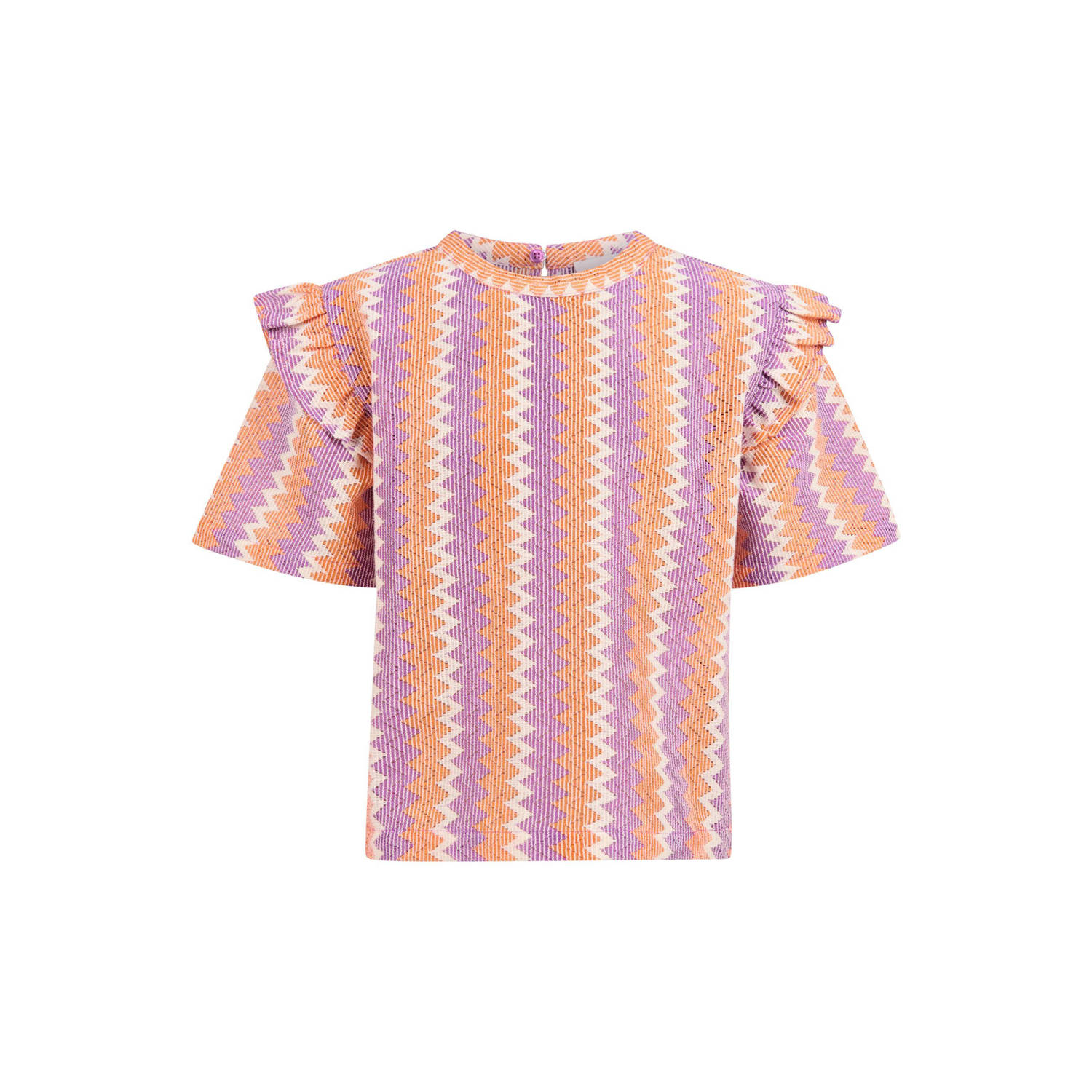 Shoeby crochet T-shirt met all over print en ruches lila oranje offwhite