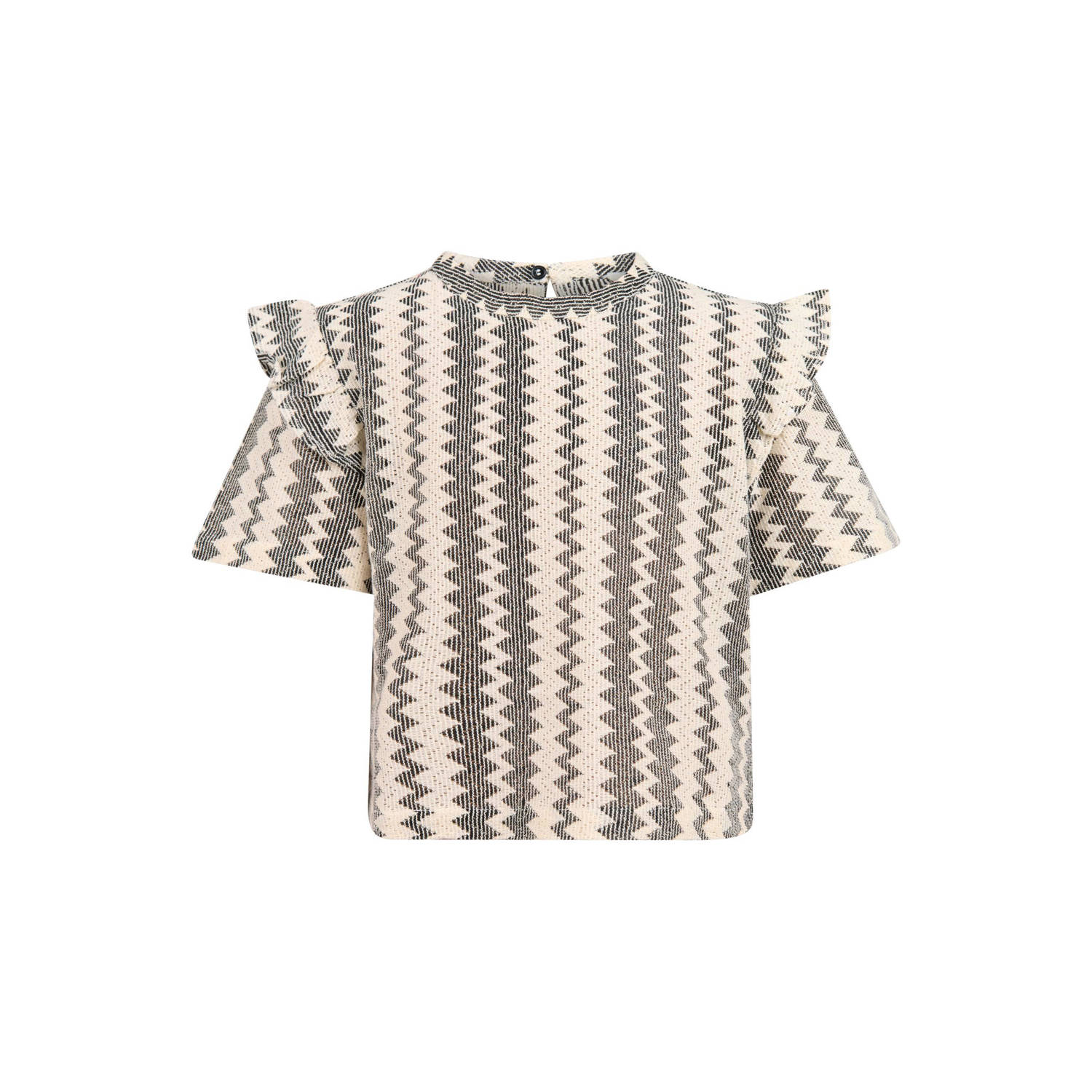 Shoeby crochet T-shirt met all over print en ruches zwart offwhite Meisjes Katoen Ronde hals 158 164