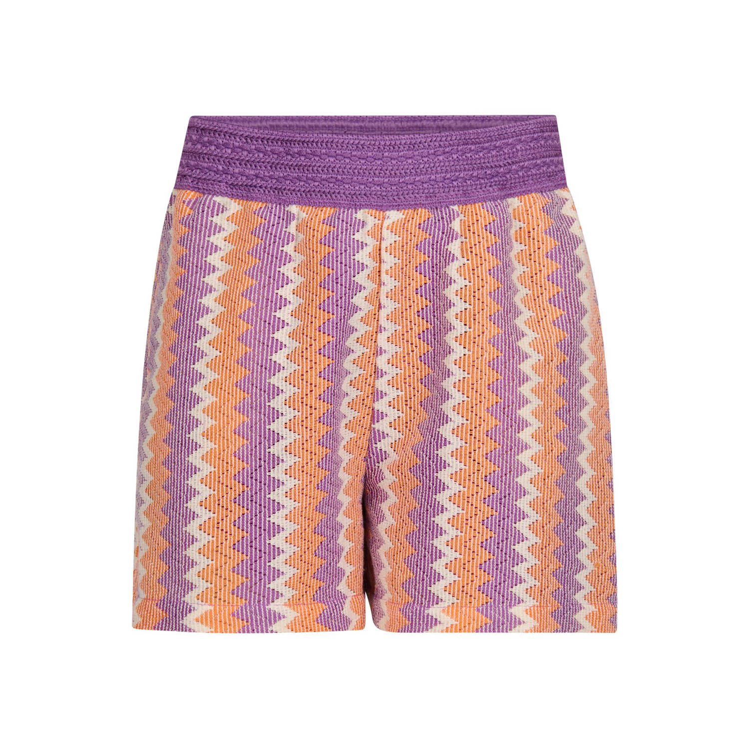 Shoeby regular fit crochet casual short met all over print lila oranje offwhite