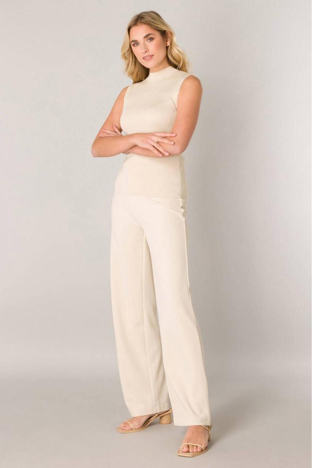 Beige dames Base Level ribgebreide top met effen en col