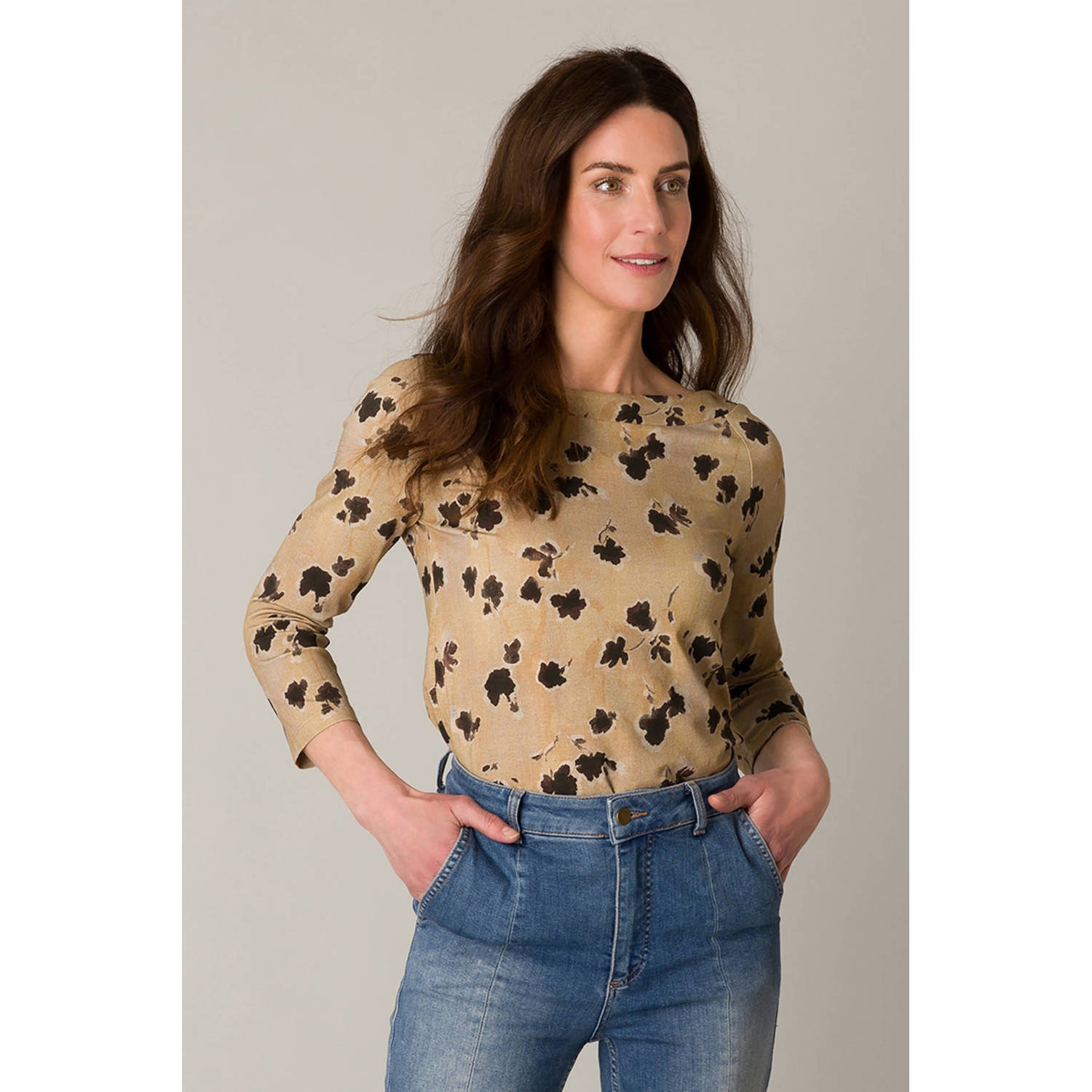 ES&SY top met bladprint beige zwart