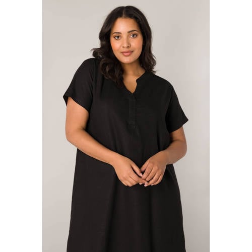 Base Level Curvy linnen jurk Yacinthe zwart afbeelding