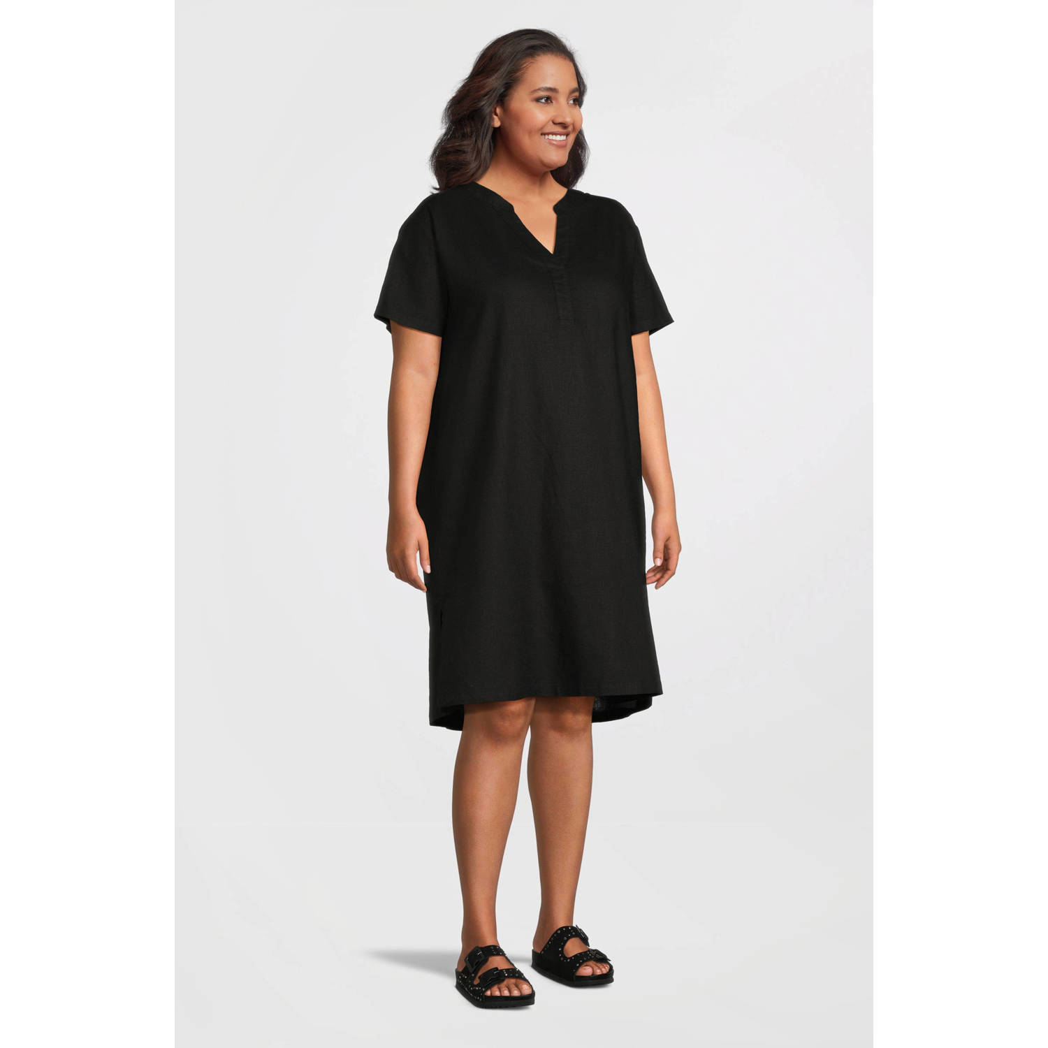 Base Level Curvy linnen jurk Yacinthe zwart