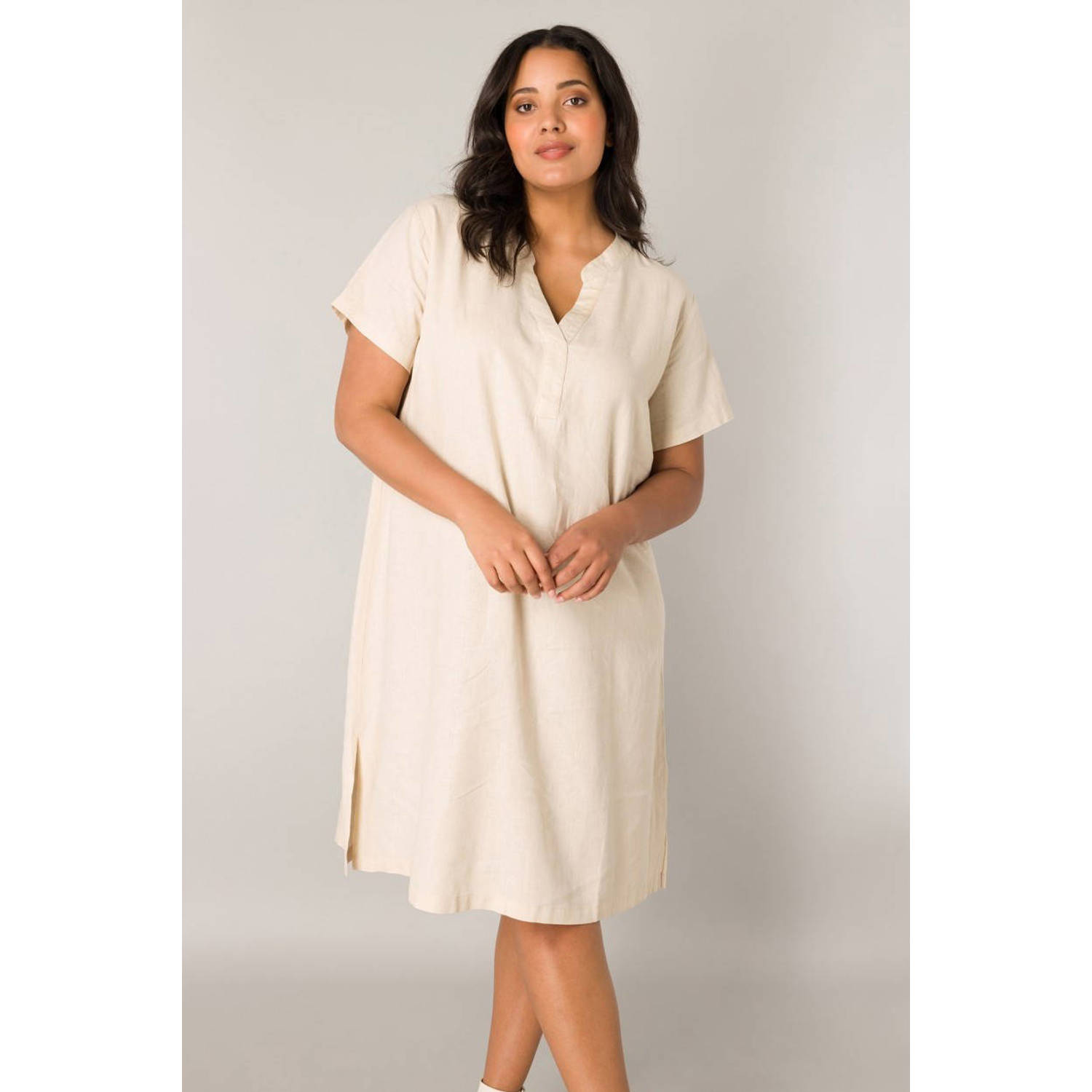 Base Level Curvy linnen jurk Yacinthe beige