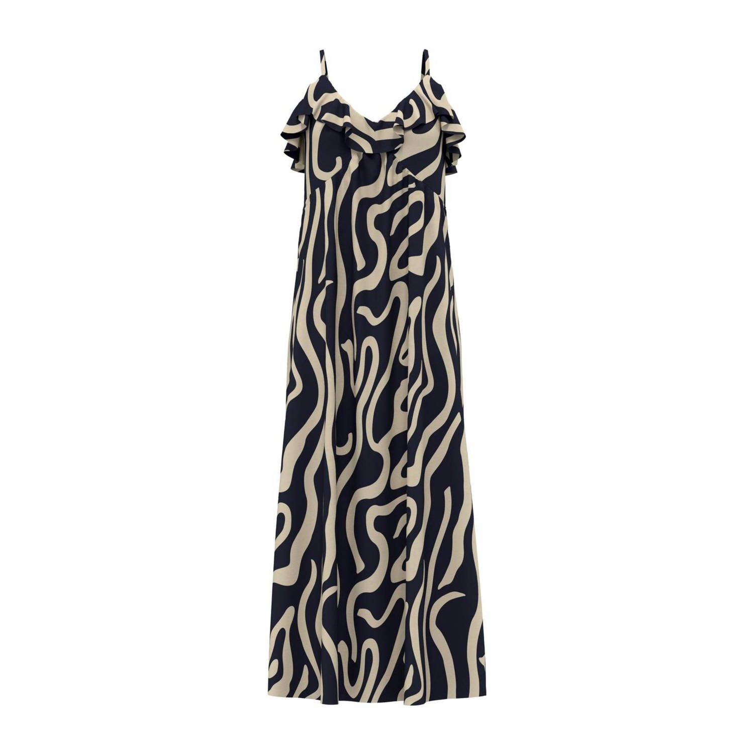 JDY maxi jurk LOVELY met dierenprint en ruches marine crème