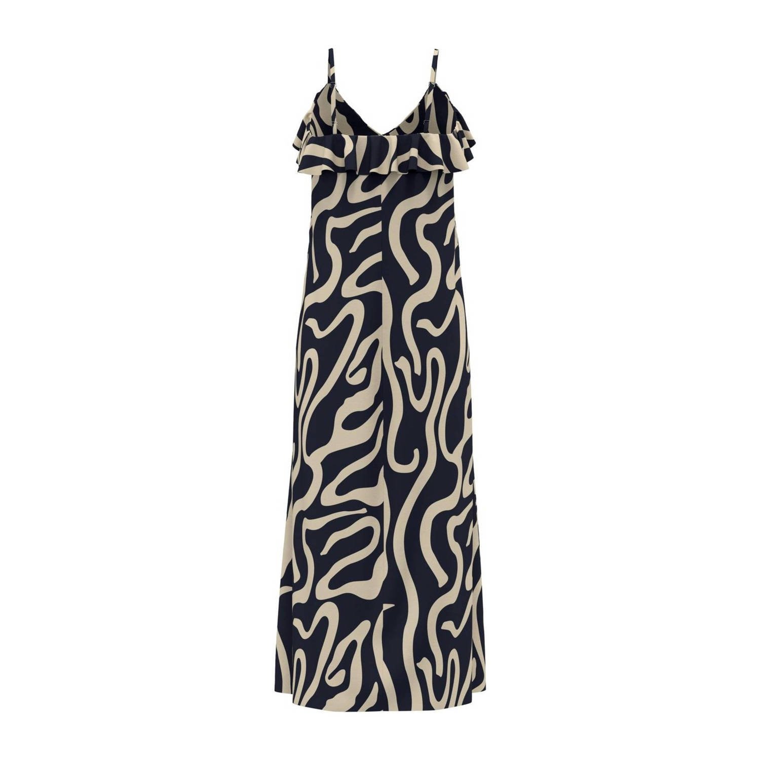 JDY maxi jurk LOVELY met dierenprint en ruches marine crème