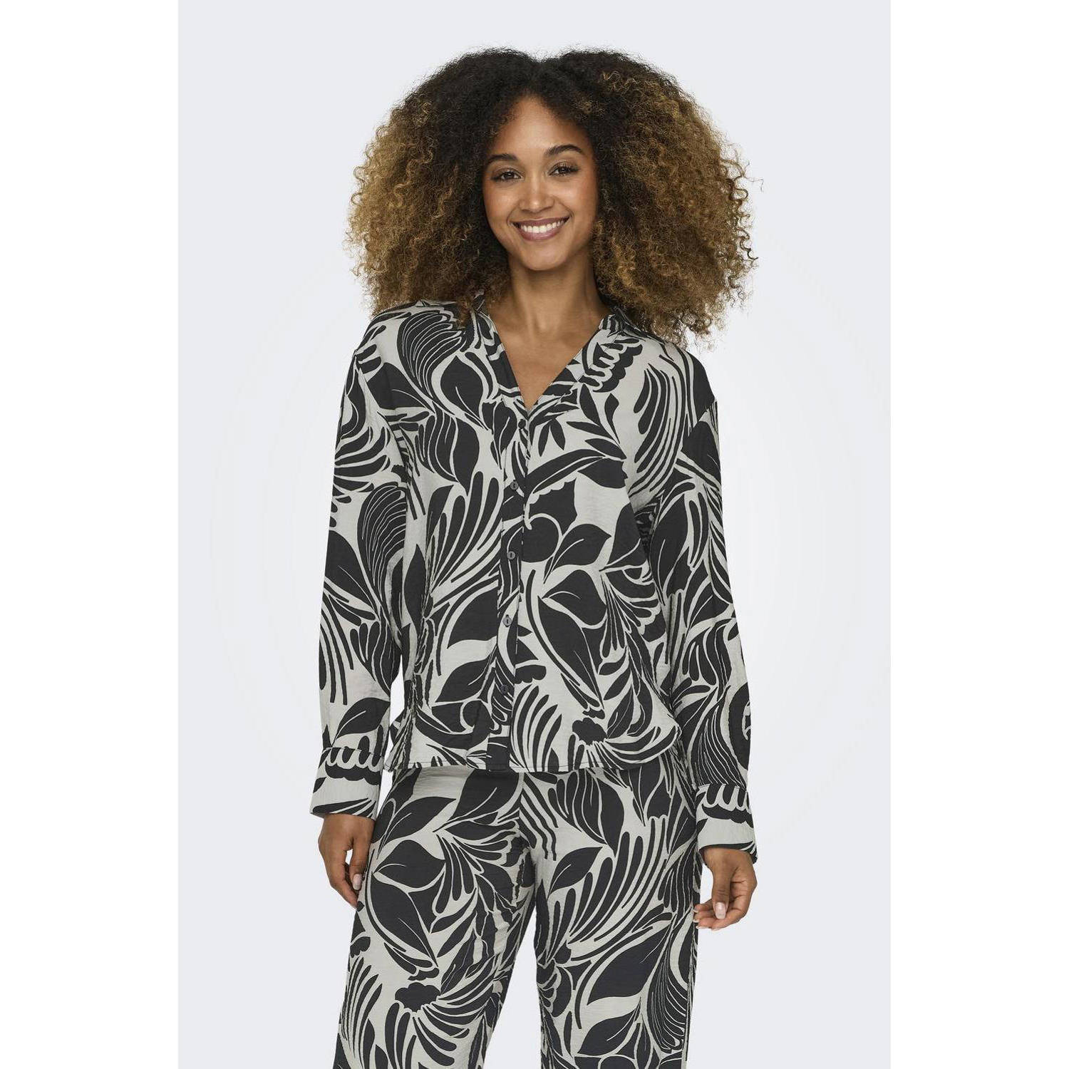 JDY blouse NOA met bladprint antraciet wit