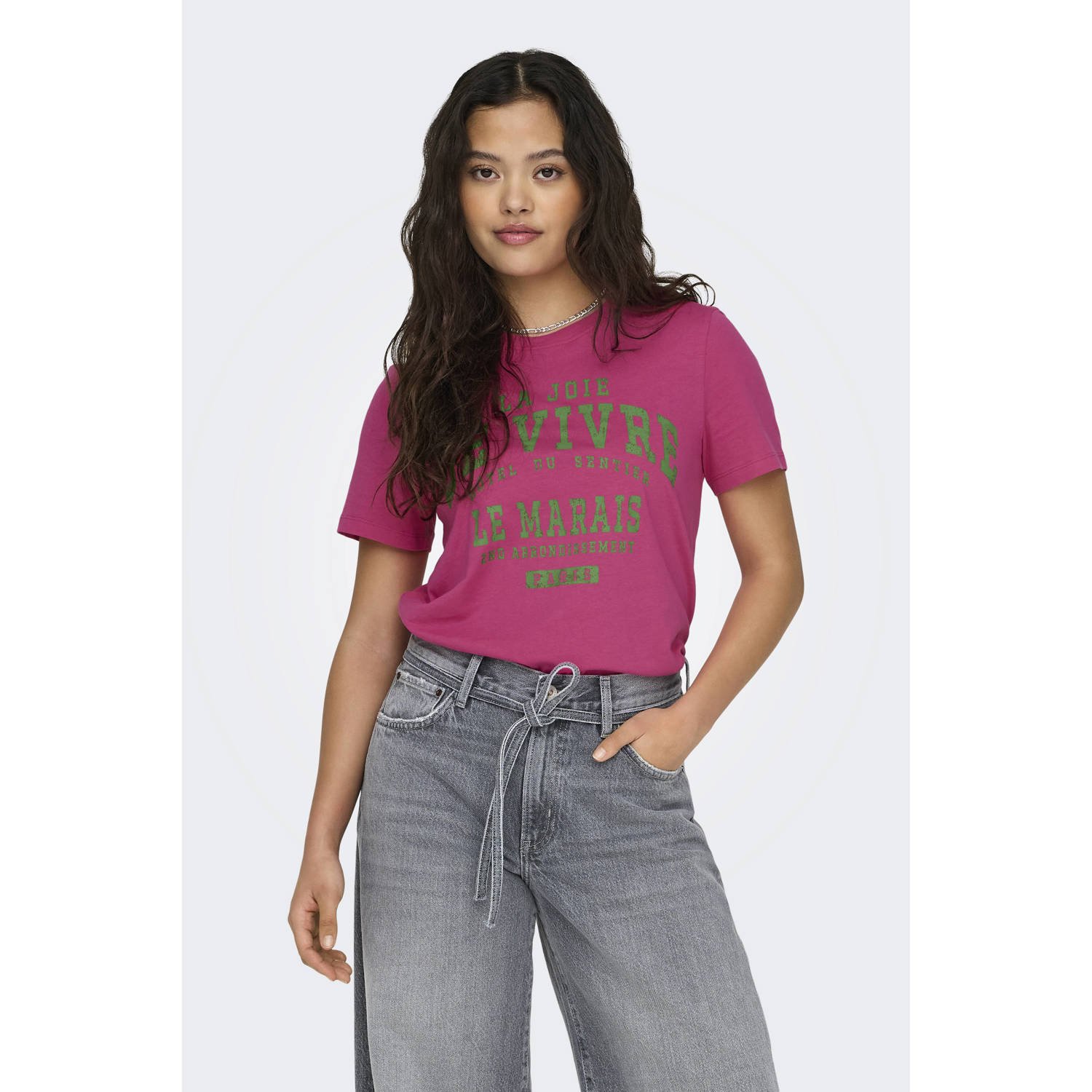 ONLY T-shirt met printopdruk roze groen