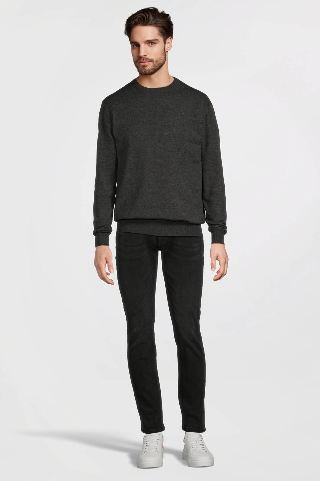 Grijs melange heren Anytime gebreide trui melange van viscose met lange mouwen en ronde hals
