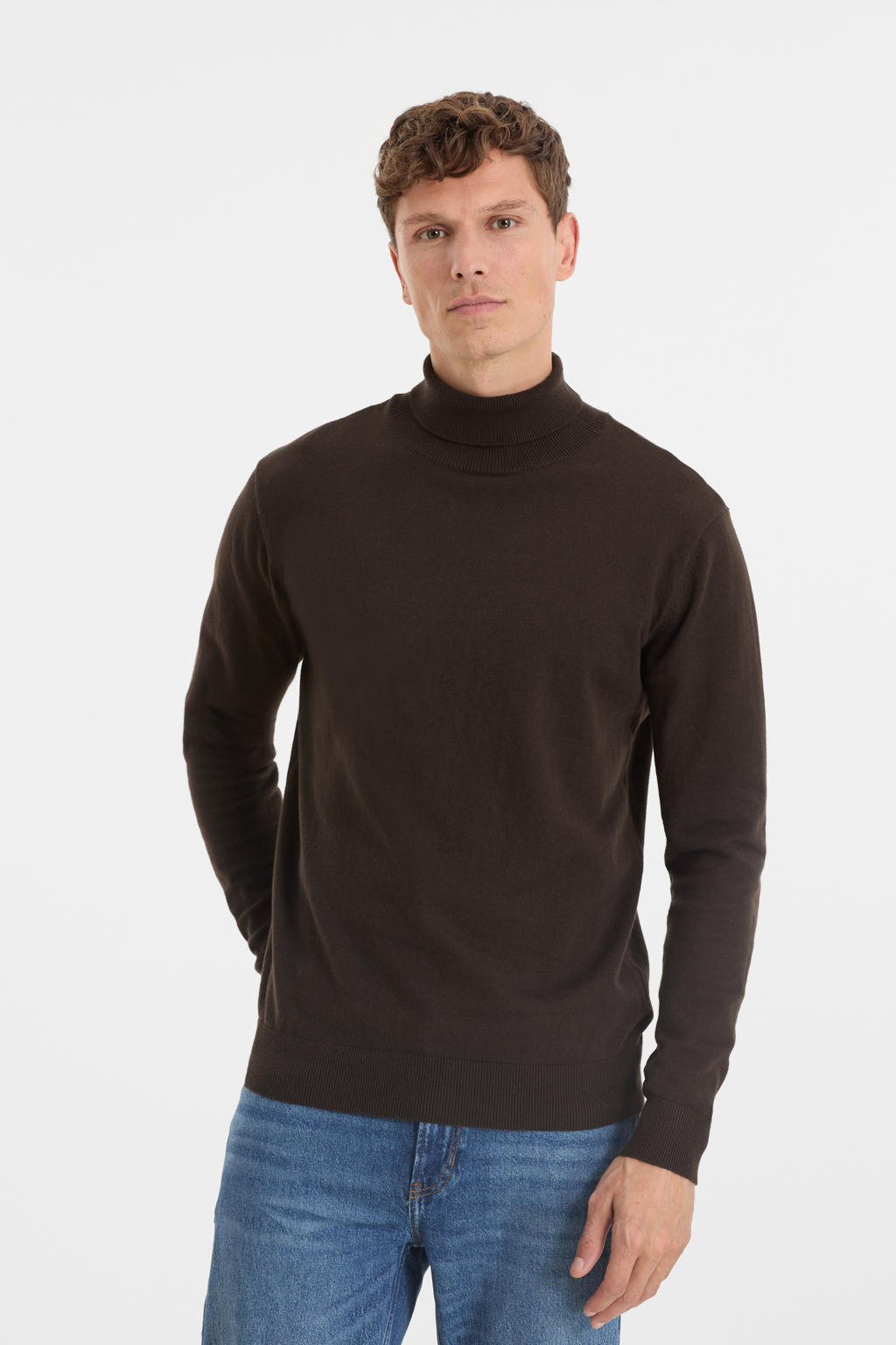 Donkerblauwe heren Anytime coltrui van viscose met effen en lange mouwen