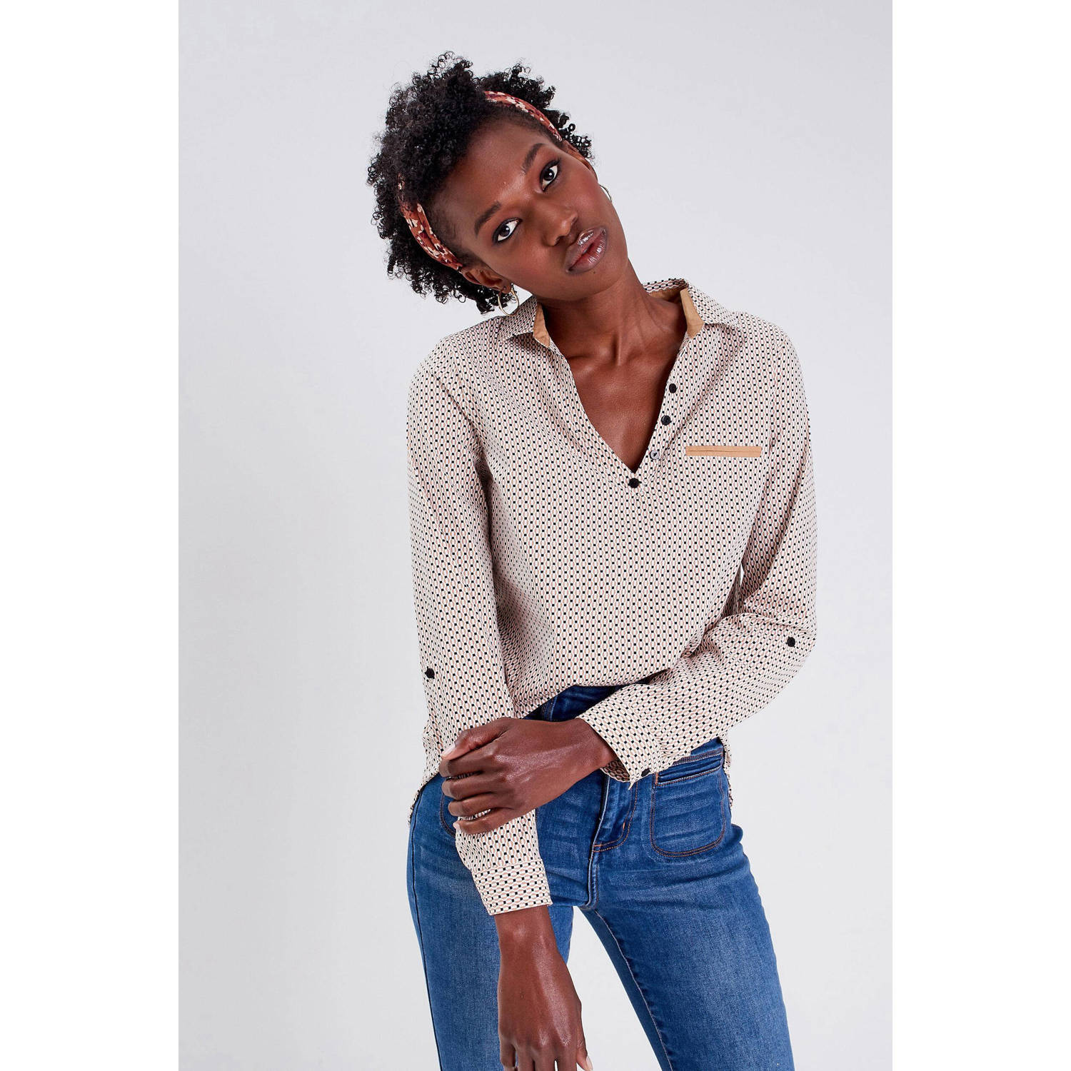 Cache geweven blousetop met grafische print wit beige zwart