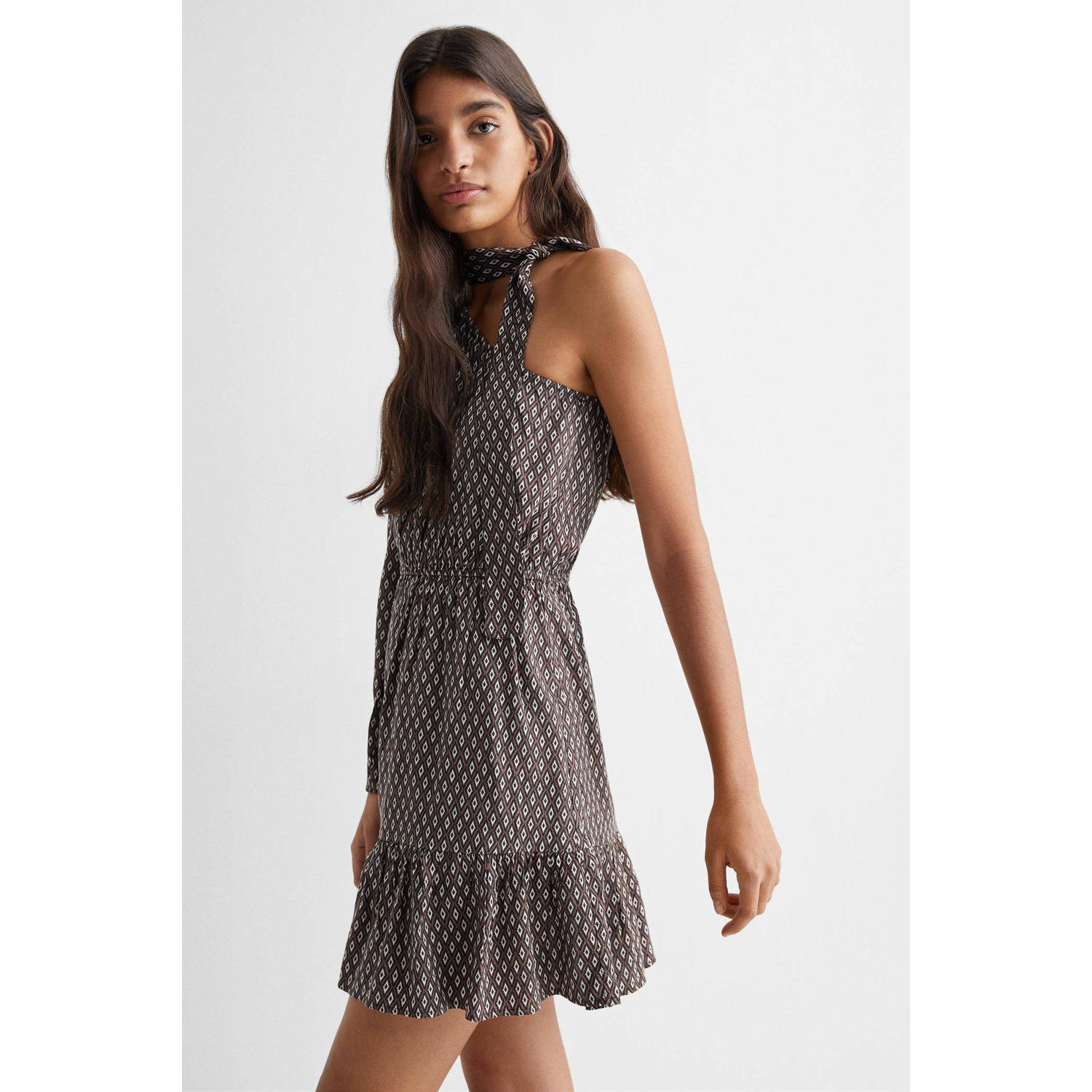 Mango Kids jurk met all over print bruin ecru zwart