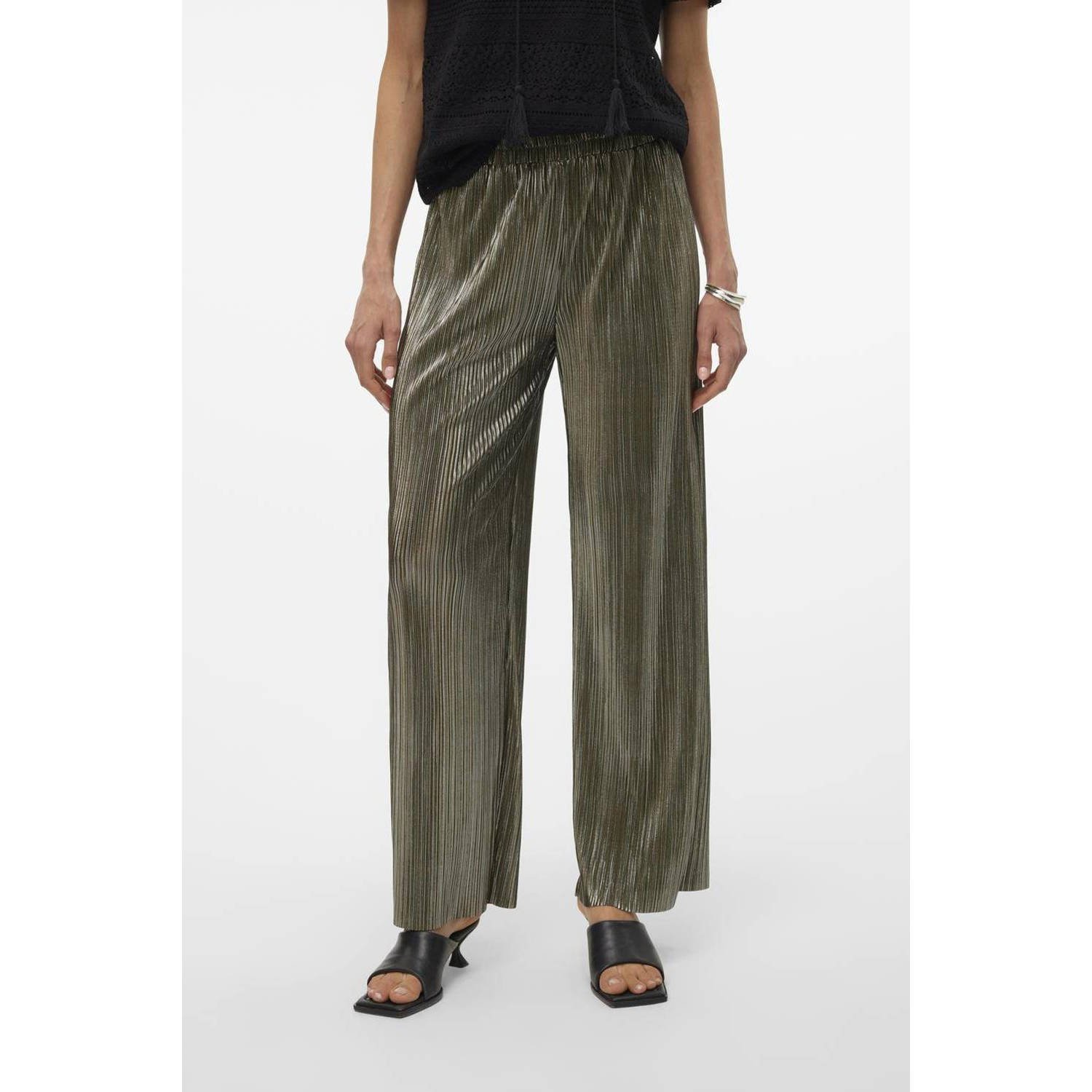 VERO MODA high waist wide leg pantalon VMMUVI donkergroen