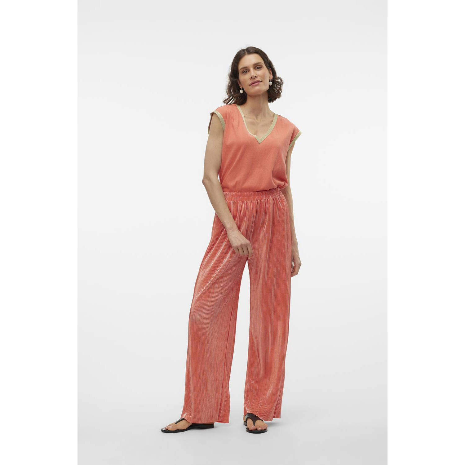 VERO MODA top VMMALDORA met contrastbies en glitters koraalrood goud