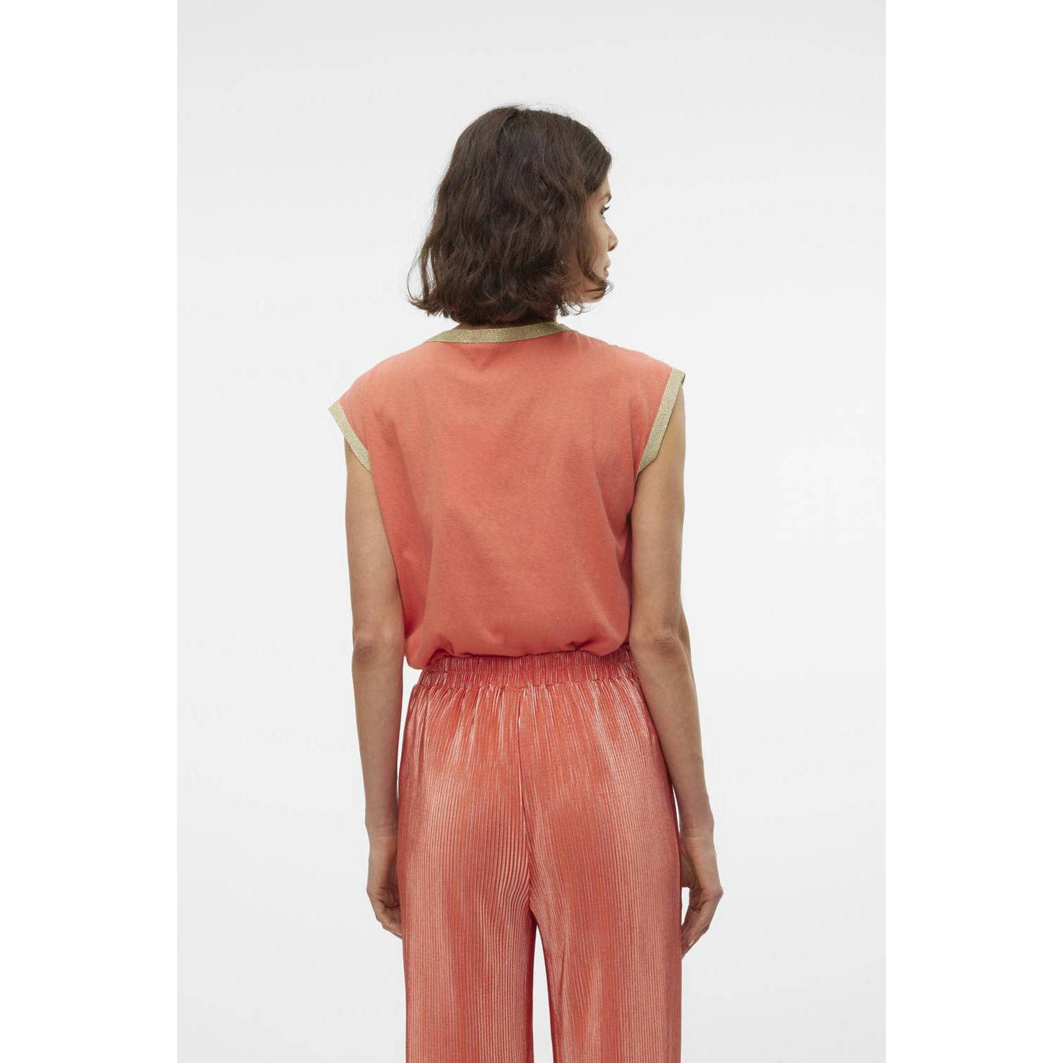VERO MODA top VMMALDORA met contrastbies en glitters koraalrood goud