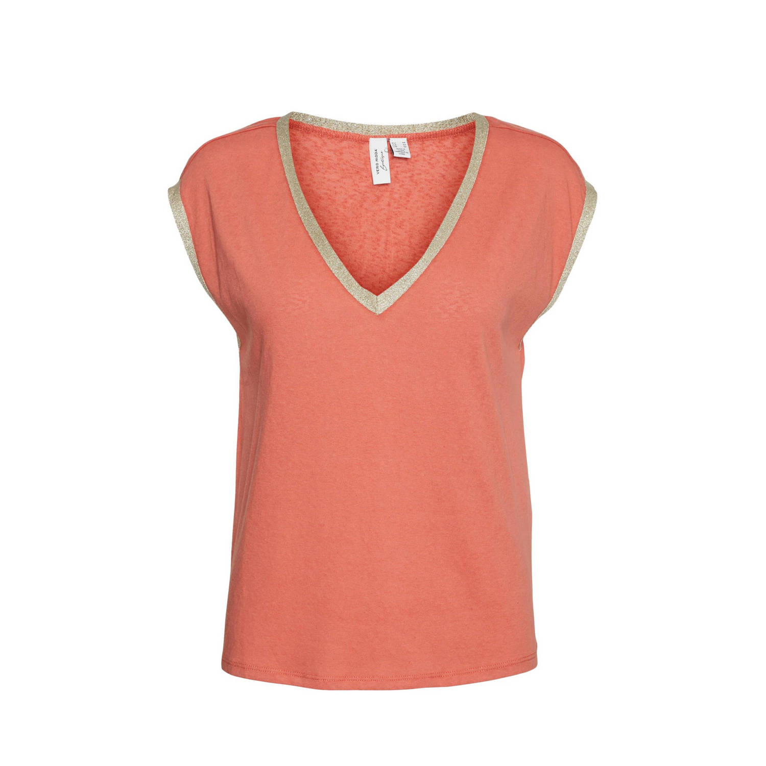 VERO MODA top VMMALDORA met contrastbies en glitters koraalrood goud