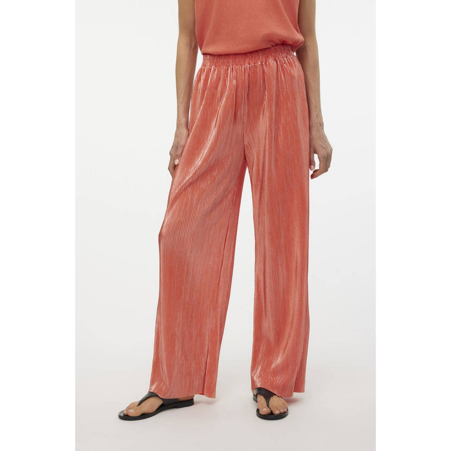 VERO MODA high waist wide leg pantalon VMMUVI koraalrood oranje