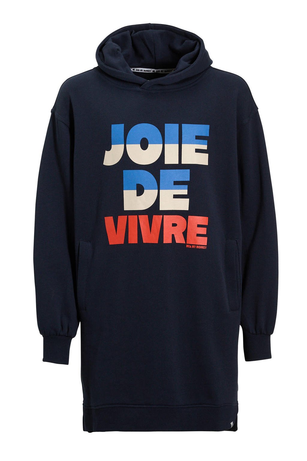 Donkerblauwe meisjes Me & My Monkey sweatjurk Ryleigh van katoen met printopdruk, lange mouwen en capuchon