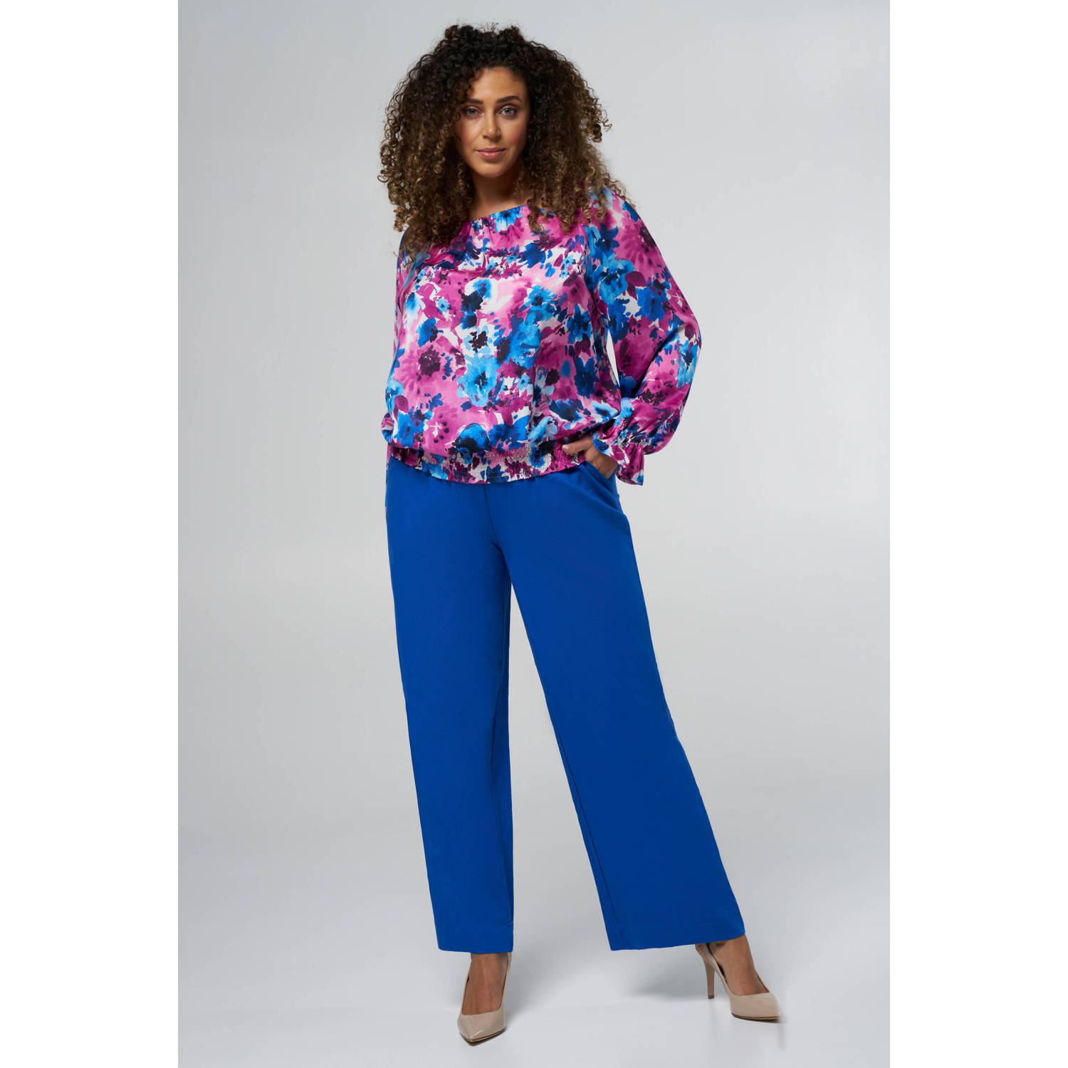 MS Mode blousetop met all over print en ruches paars blauw ecru
