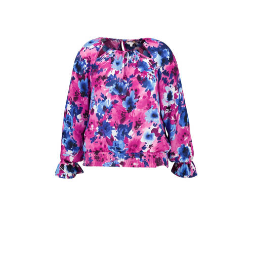 MS Mode blousetop met all over print en ruches paars/blauw/ecru
