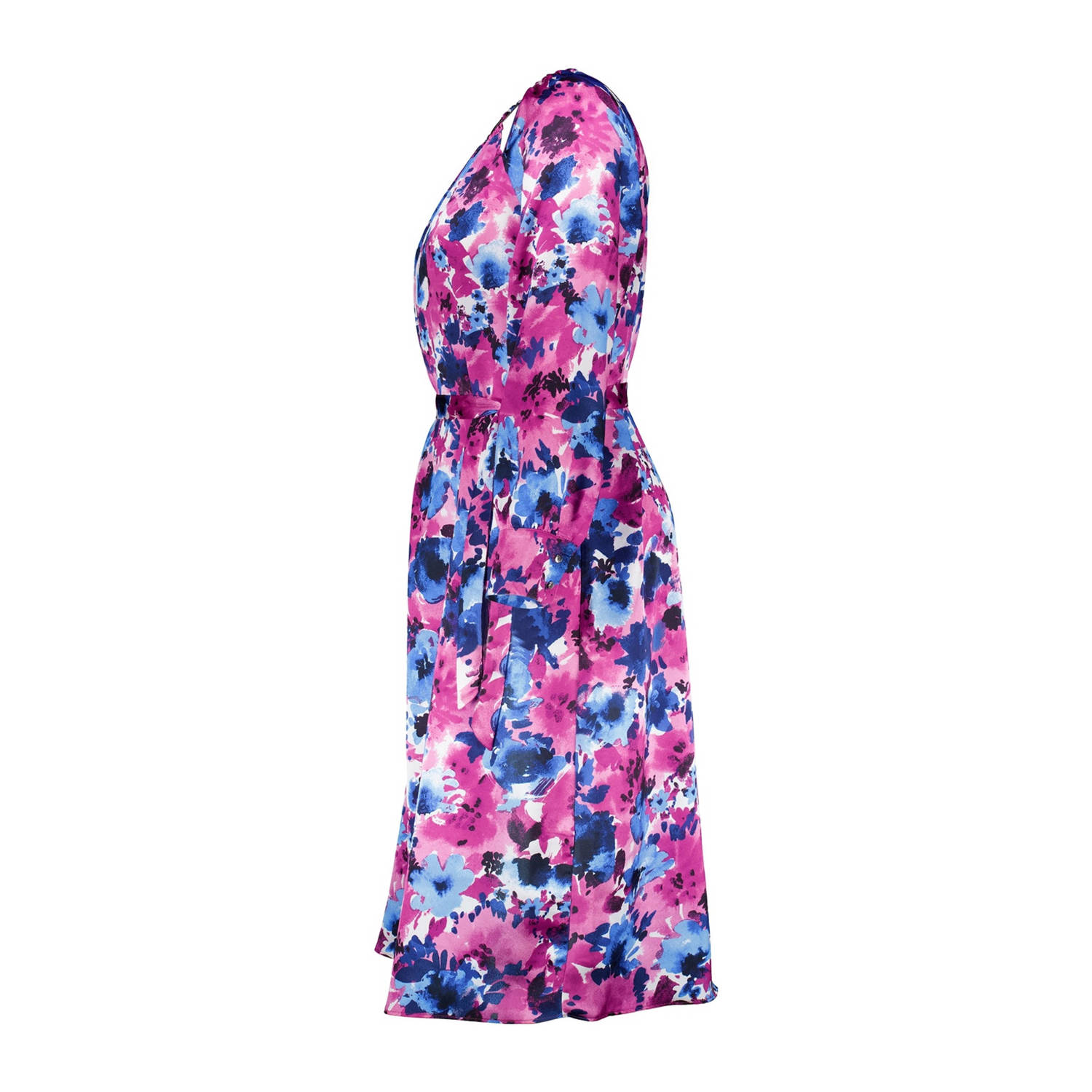 MS Mode A-lijn jurk met all over print en open detail paars blauw ecru