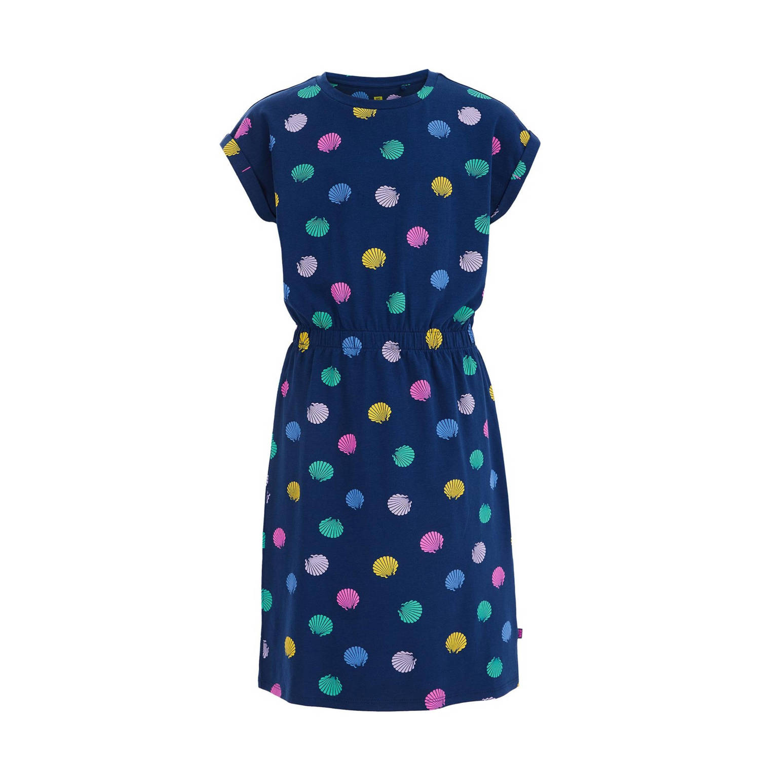 WE Fashion jurk met all over print multicolor Blauw Meisjes Stretchkatoen Ronde hals 110 116