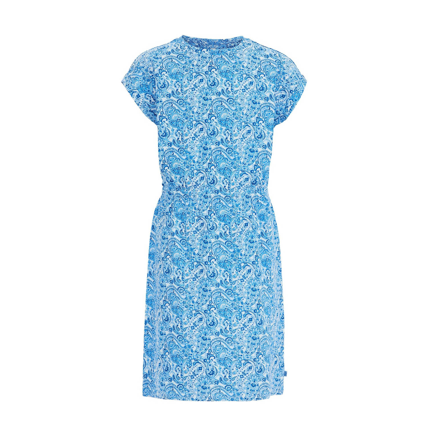 WE Fashion jurk met paisleyprint blauw wit Meisjes Stretchkatoen Ronde hals 110 116